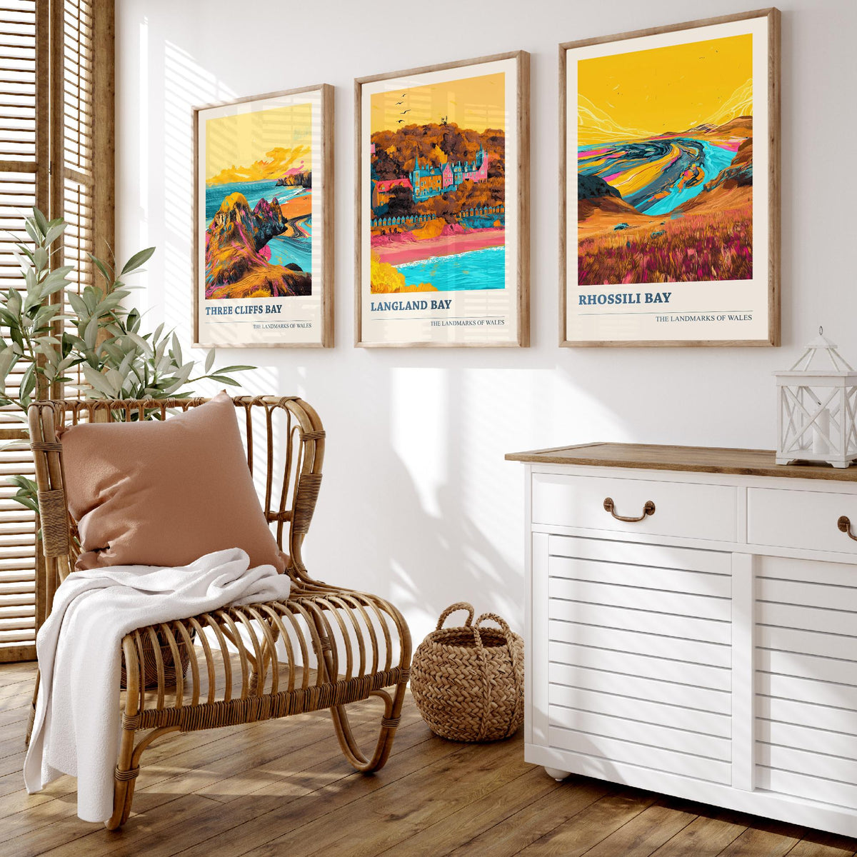 Set of Three Gower Wales Travel Posters - Three Cliffs Bay, Langland Bay, Rhossili Bay - 3 Vibrant Coastal Art Prints Illustration Gift