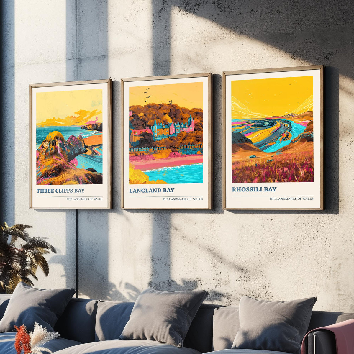 Set of Three Gower Wales Travel Posters - Three Cliffs Bay, Langland Bay, Rhossili Bay - 3 Vibrant Coastal Art Prints Illustration Gift