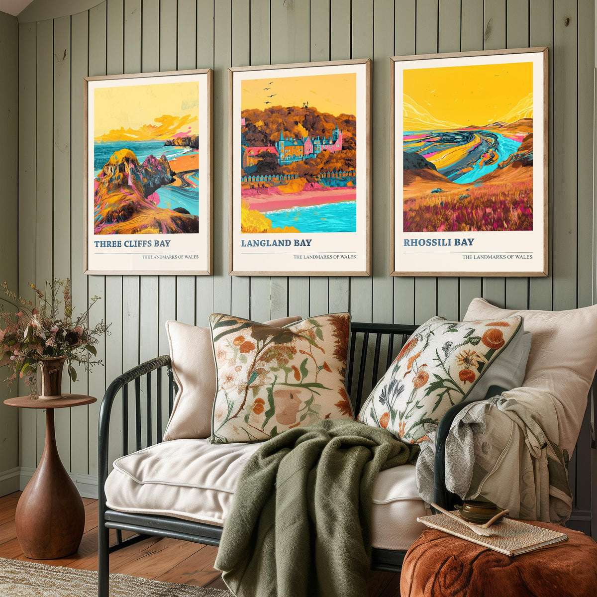 Set of Three Gower Wales Travel Posters - Three Cliffs Bay, Langland Bay, Rhossili Bay - 3 Vibrant Coastal Art Prints Illustration Gift