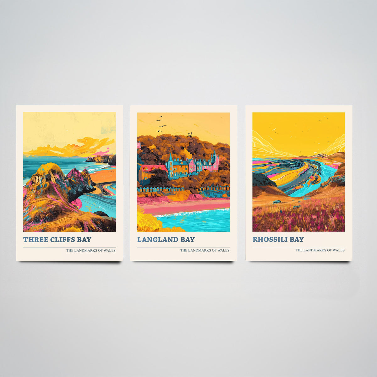 Set of Three Gower Wales Travel Posters - Three Cliffs Bay, Langland Bay, Rhossili Bay - 3 Vibrant Coastal Art Prints Illustration Gift