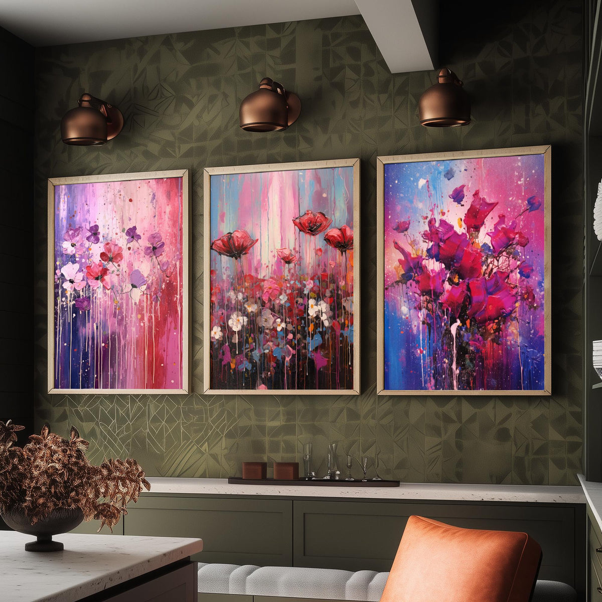 Lavender and Magenta Flowers Set of Three Art Prints - Poppies in Lilac, Pink and Violet - Abstract Floral Painting Poster
