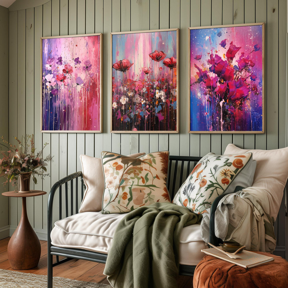 Lavender and Magenta Flowers Set of Three Art Prints - Poppies in Lilac, Pink and Violet - Abstract Floral Painting Poster