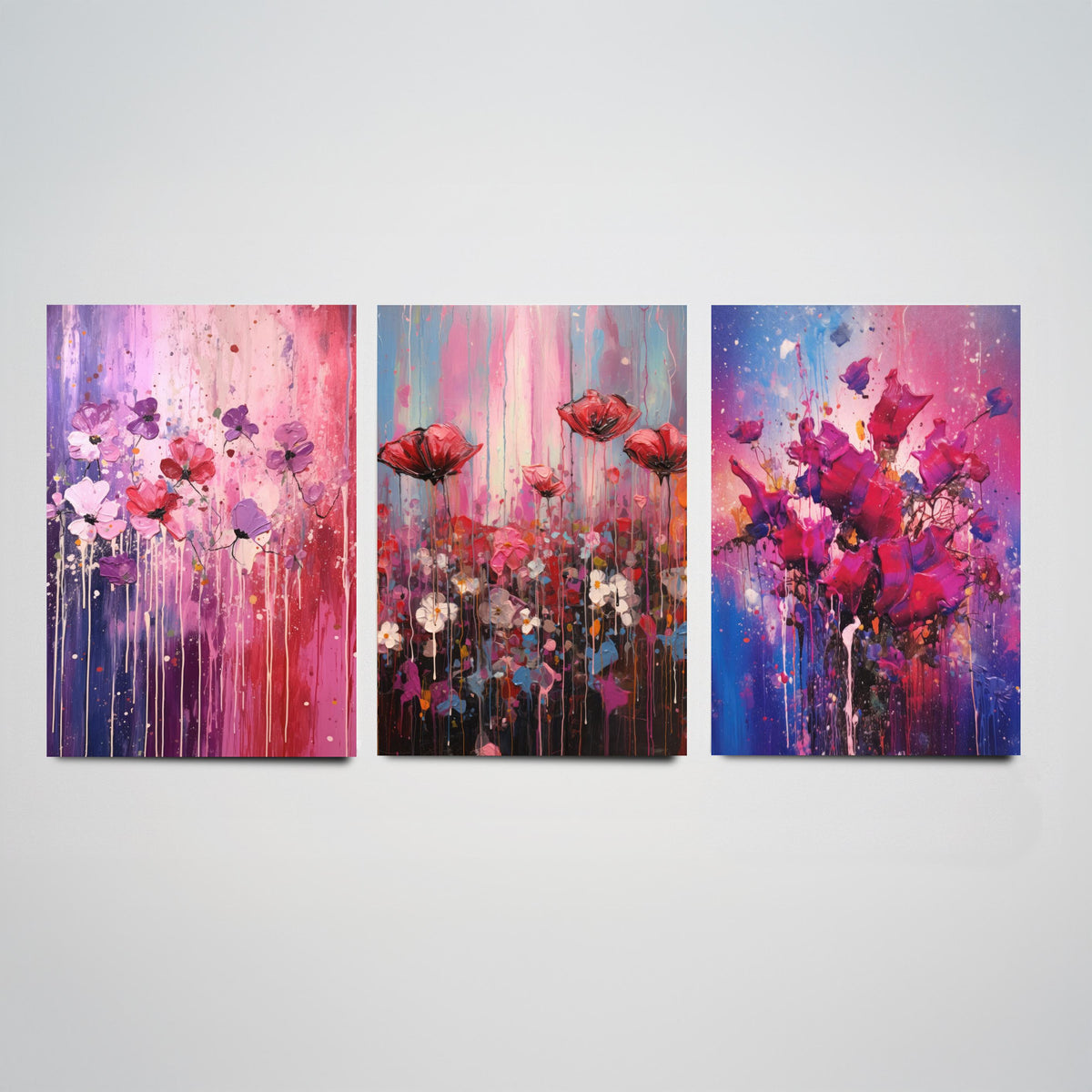 Lavender and Magenta Flowers Set of Three Art Prints - Poppies in Lilac, Pink and Violet - Abstract Floral Painting Poster