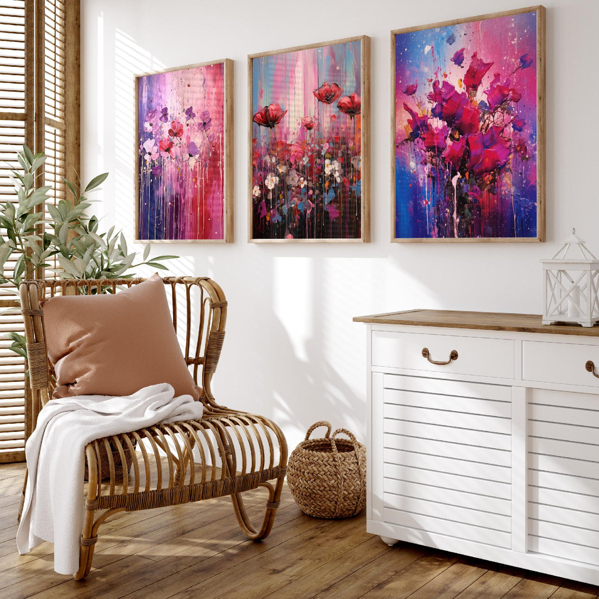 Lavender and Magenta Flowers Set of Three Art Prints - Poppies in Lilac, Pink and Violet - Abstract Floral Painting Poster
