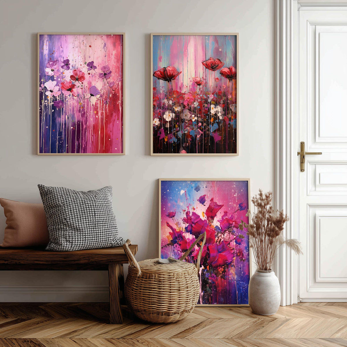 Lavender and Magenta Flowers Set of Three Art Prints - Poppies in Lilac, Pink and Violet - Abstract Floral Painting Poster