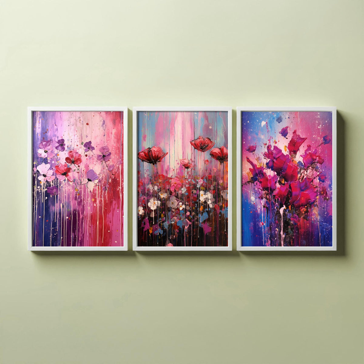 Lavender and Magenta Flowers Set of Three Art Prints - Poppies in Lilac, Pink and Violet - Abstract Floral Painting Poster
