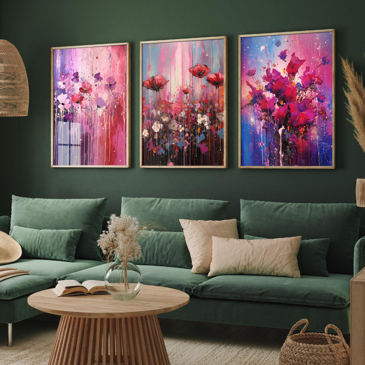 Lavender and Magenta Flowers Set of Three Art Prints - Poppies in Lilac, Pink and Violet - Abstract Floral Painting Poster