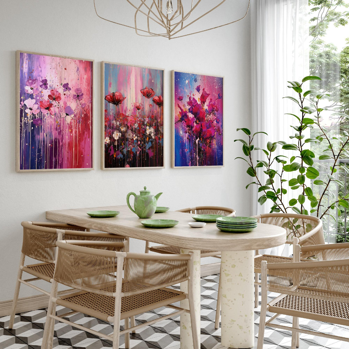 Lavender and Magenta Flowers Set of Three Art Prints - Poppies in Lilac, Pink and Violet - Abstract Floral Painting Poster