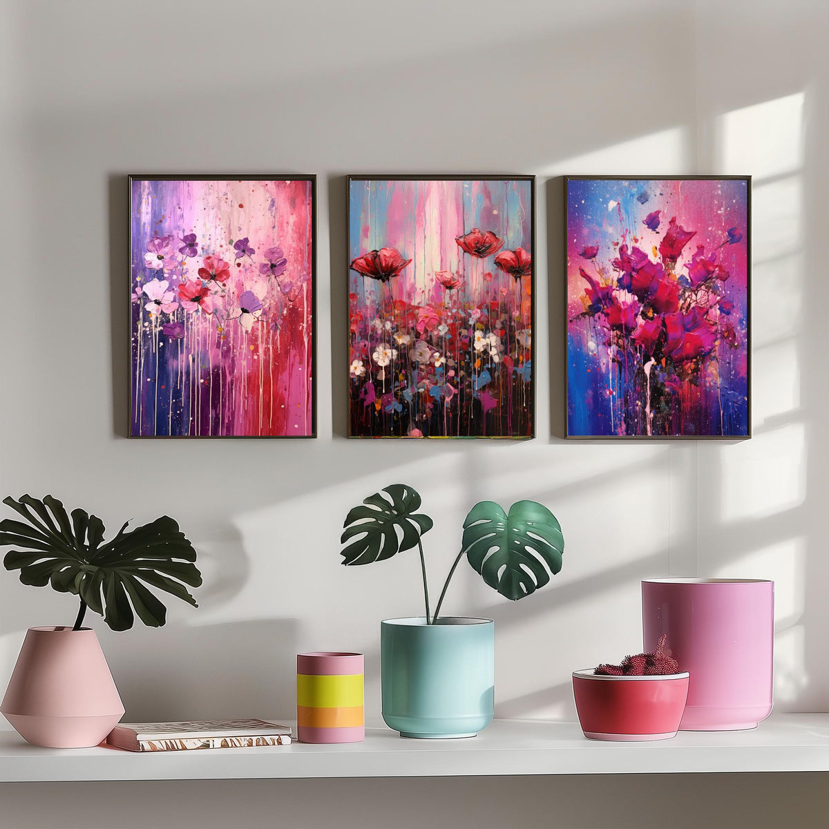 Lavender and Magenta Flowers Set of Three Art Prints - Poppies in Lilac, Pink and Violet - Abstract Floral Painting Poster