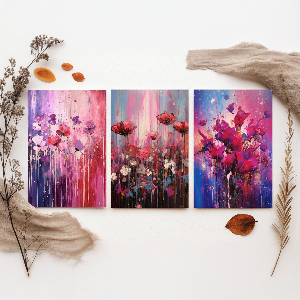 Lavender and Magenta Flowers Set of Three Art Prints - Poppies in Lilac, Pink and Violet - Abstract Floral Painting Poster