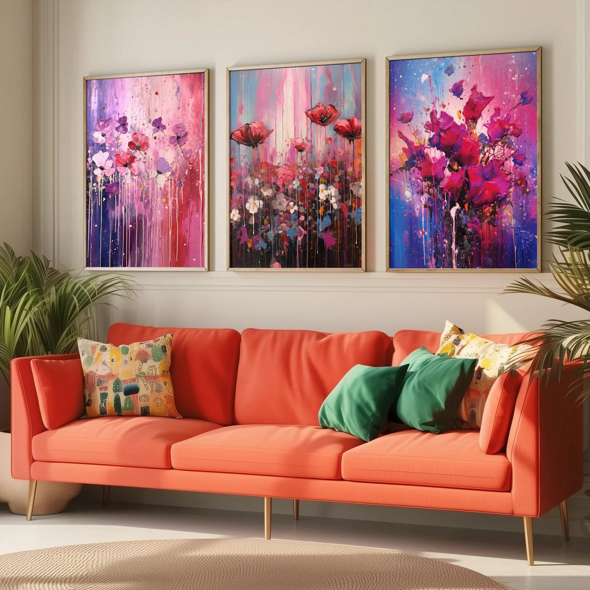 Lavender and Magenta Flowers Set of Three Art Prints - Poppies in Lilac, Pink and Violet - Abstract Floral Painting Poster