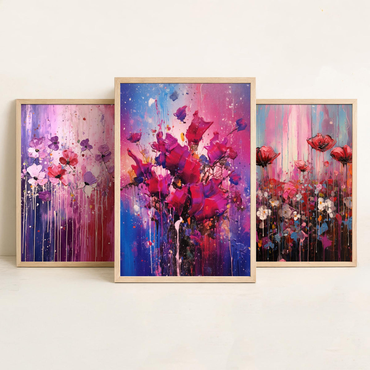 Lavender and Magenta Flowers Set of Three Art Prints - Poppies in Lilac, Pink and Violet - Abstract Floral Painting Poster