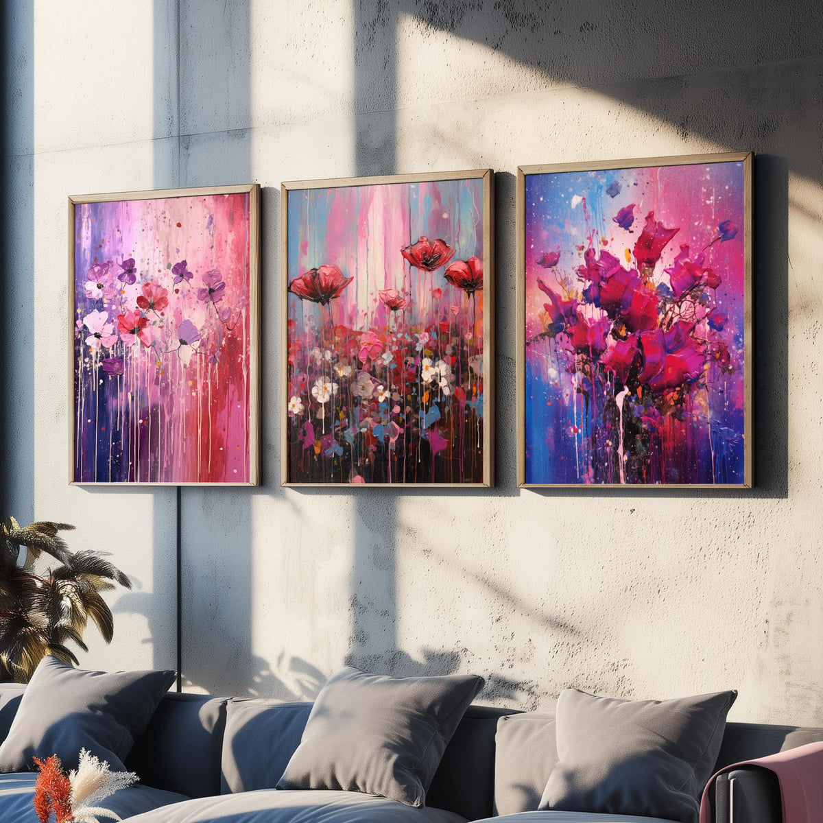 Lavender and Magenta Flowers Set of Three Art Prints - Poppies in Lilac, Pink and Violet - Abstract Floral Painting Poster