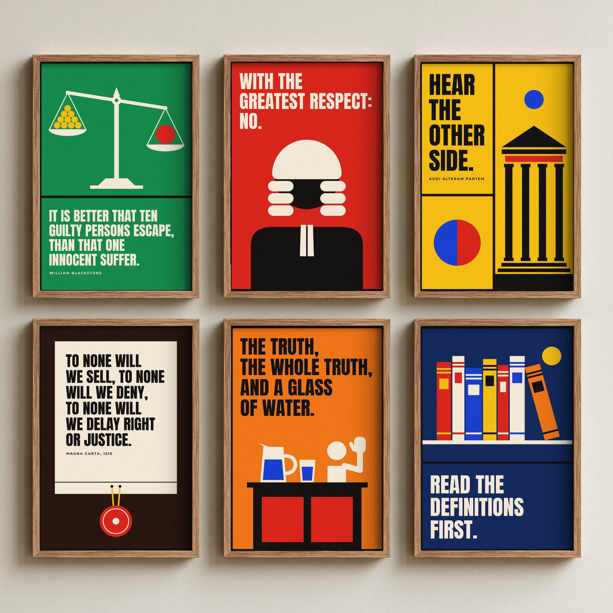 Set of Six Law Quote Art Prints - 6 Bauhaus Lawyer Posters - Minimalist Office Illustration - Scales of Justice, Magna Carta