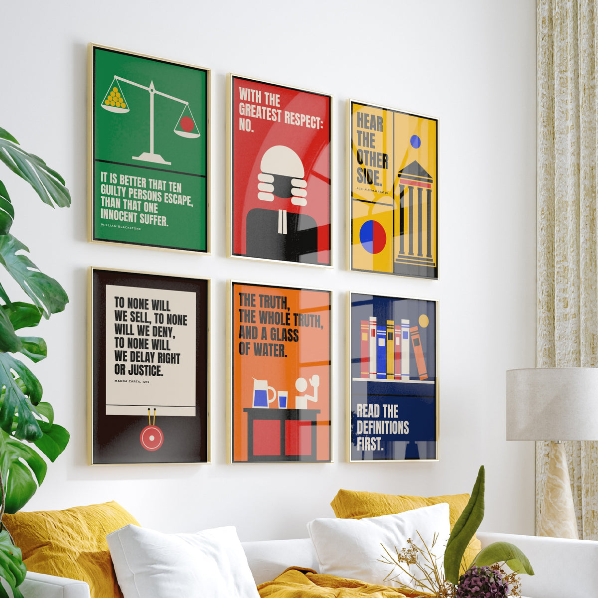 Set of Six Law Quote Art Prints - 6 Bauhaus Lawyer Posters - Minimalist Office Illustration - Scales of Justice, Magna Carta
