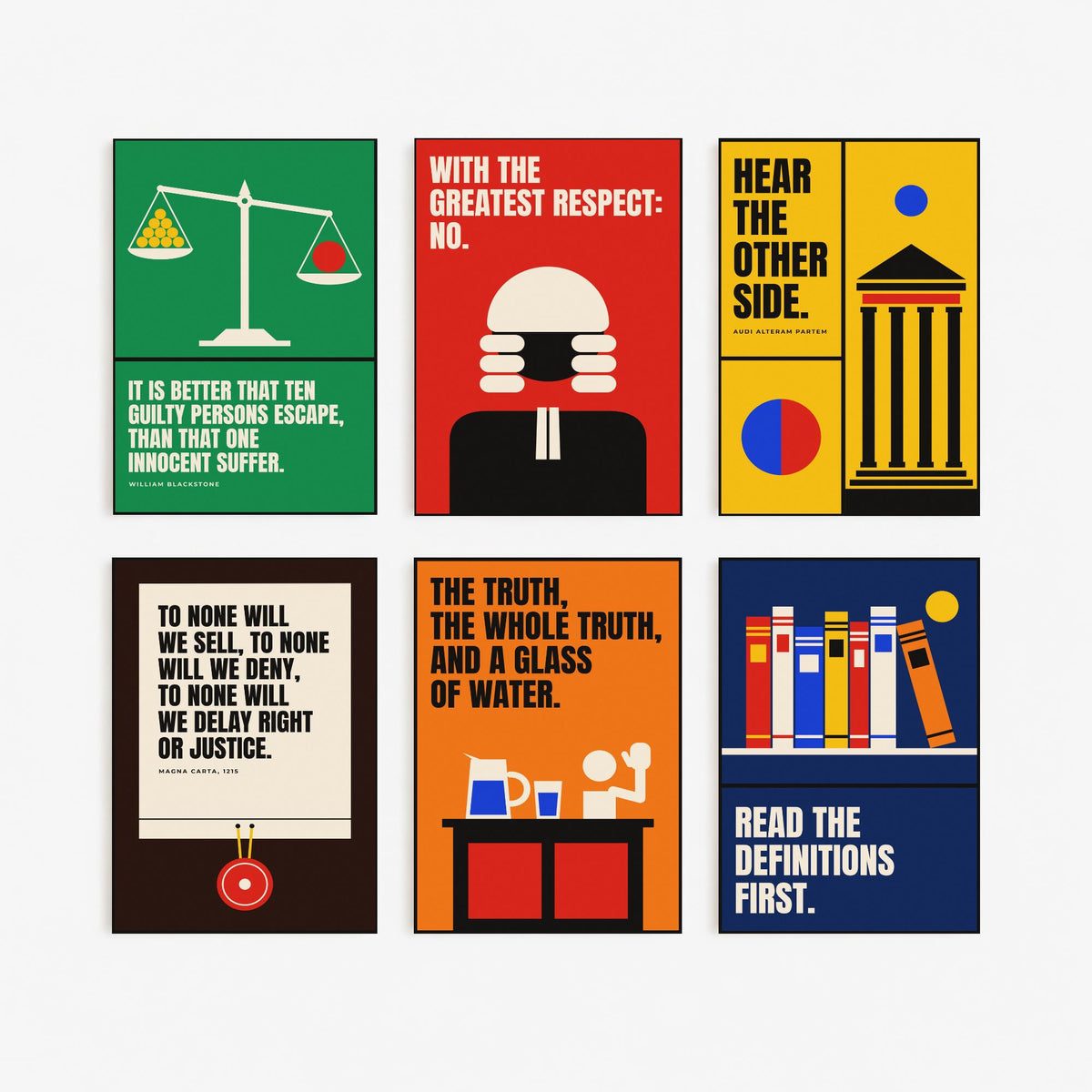 Set of Six Law Quote Art Prints - 6 Bauhaus Lawyer Posters - Minimalist Office Illustration - Scales of Justice, Magna Carta