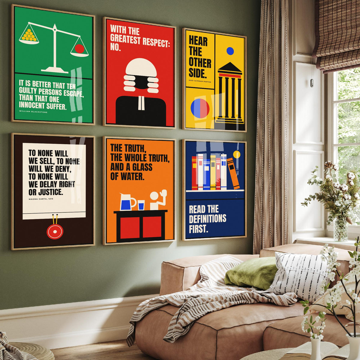 Set of Six Law Quote Art Prints - 6 Bauhaus Lawyer Posters - Minimalist Office Illustration - Scales of Justice, Magna Carta