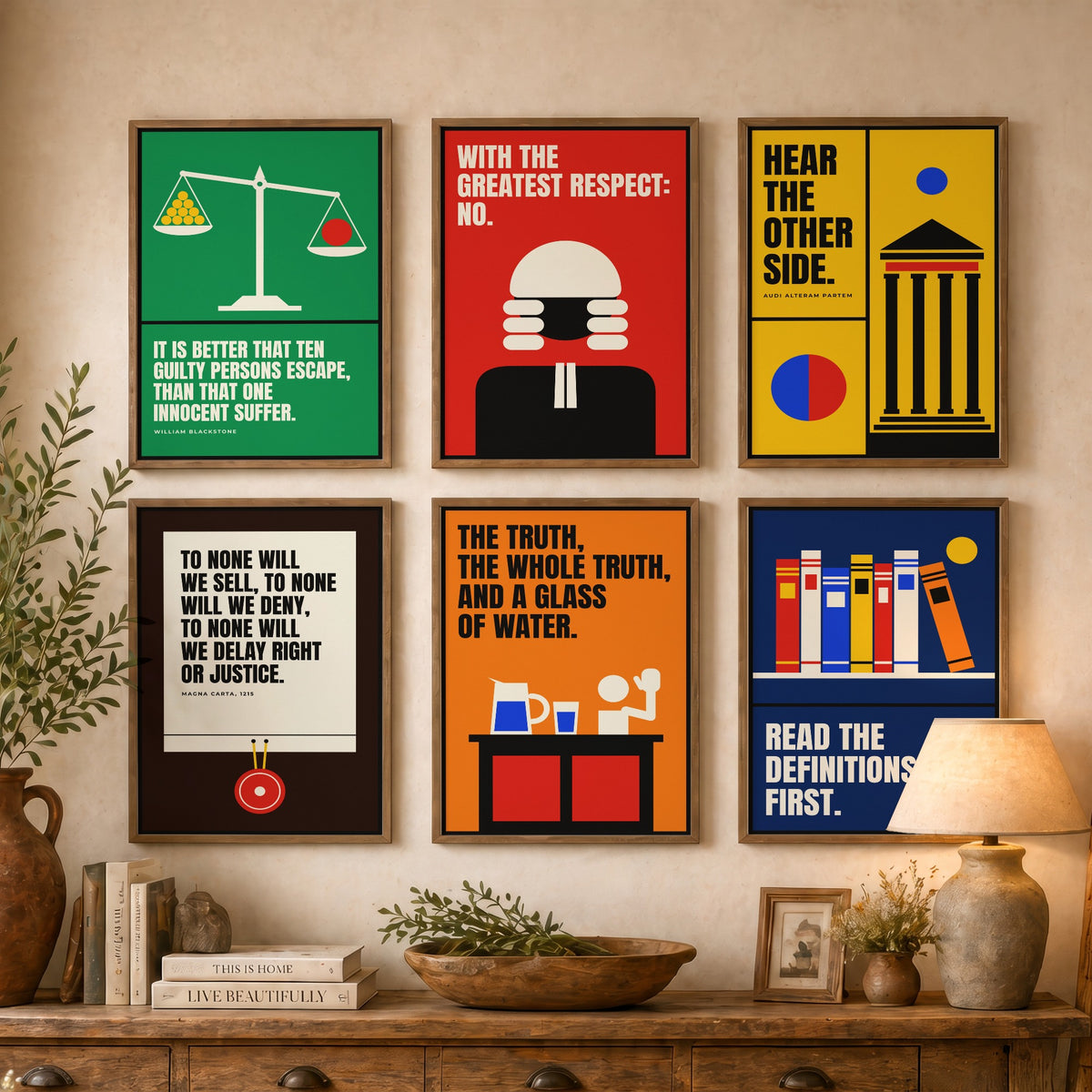 Set of Six Law Quote Art Prints - 6 Bauhaus Lawyer Posters - Minimalist Office Illustration - Scales of Justice, Magna Carta