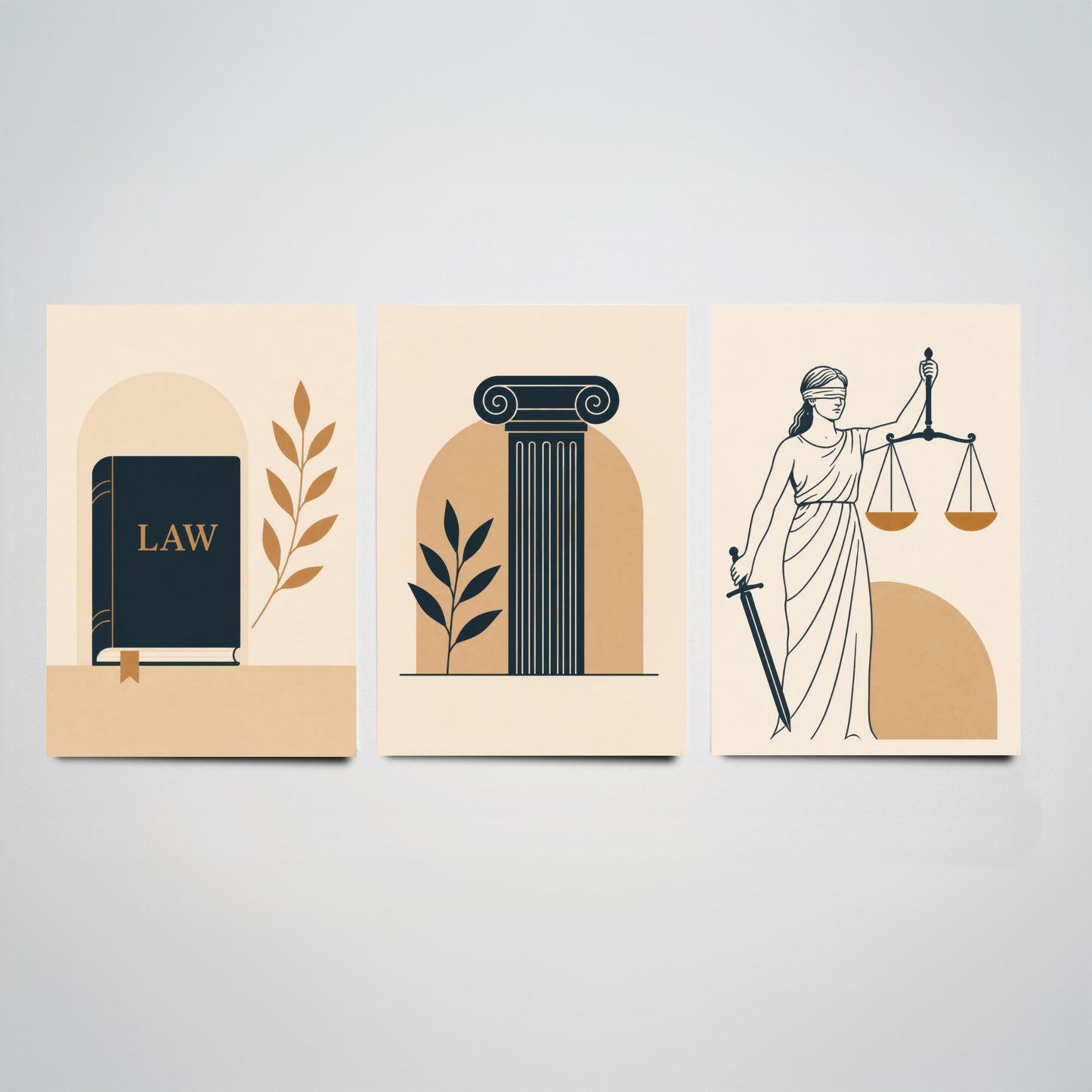 Law and Justice Set of Three Art Prints - 3 Minimalist Posters - Law Book, Pillar, Lady Justice Illustration - Lawyer Gift V2