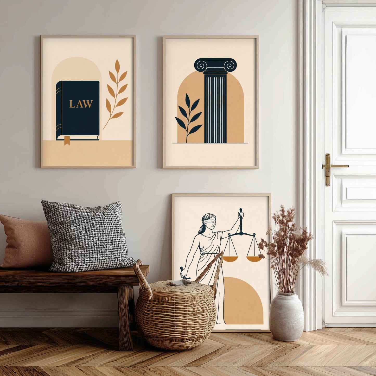 Law and Justice Set of Three Art Prints - 3 Minimalist Posters - Law Book, Pillar, Lady Justice Illustration - Lawyer Gift V2