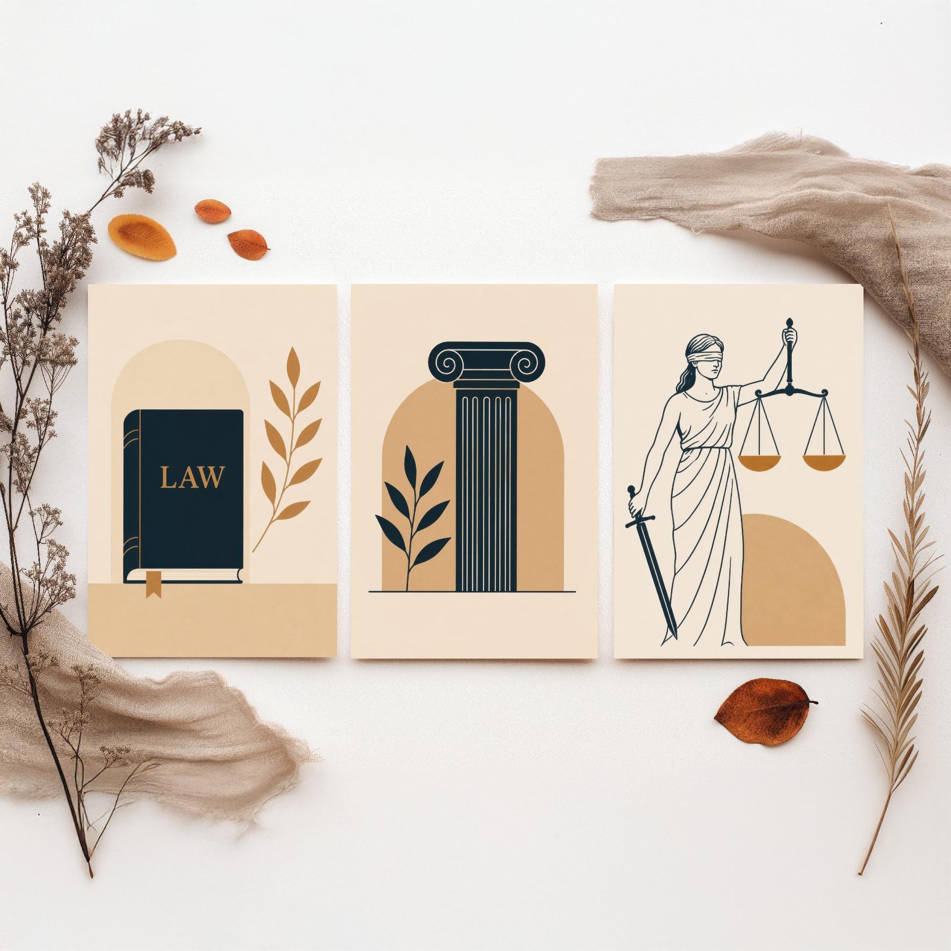 Law and Justice Set of Three Art Prints - 3 Minimalist Posters - Law Book, Pillar, Lady Justice Illustration - Lawyer Gift V2
