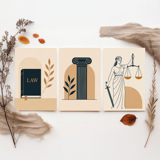 Law and Justice Set of Three Art Prints - 3 Minimalist Posters - Law Book, Pillar, Lady Justice Illustration - Lawyer Gift V2