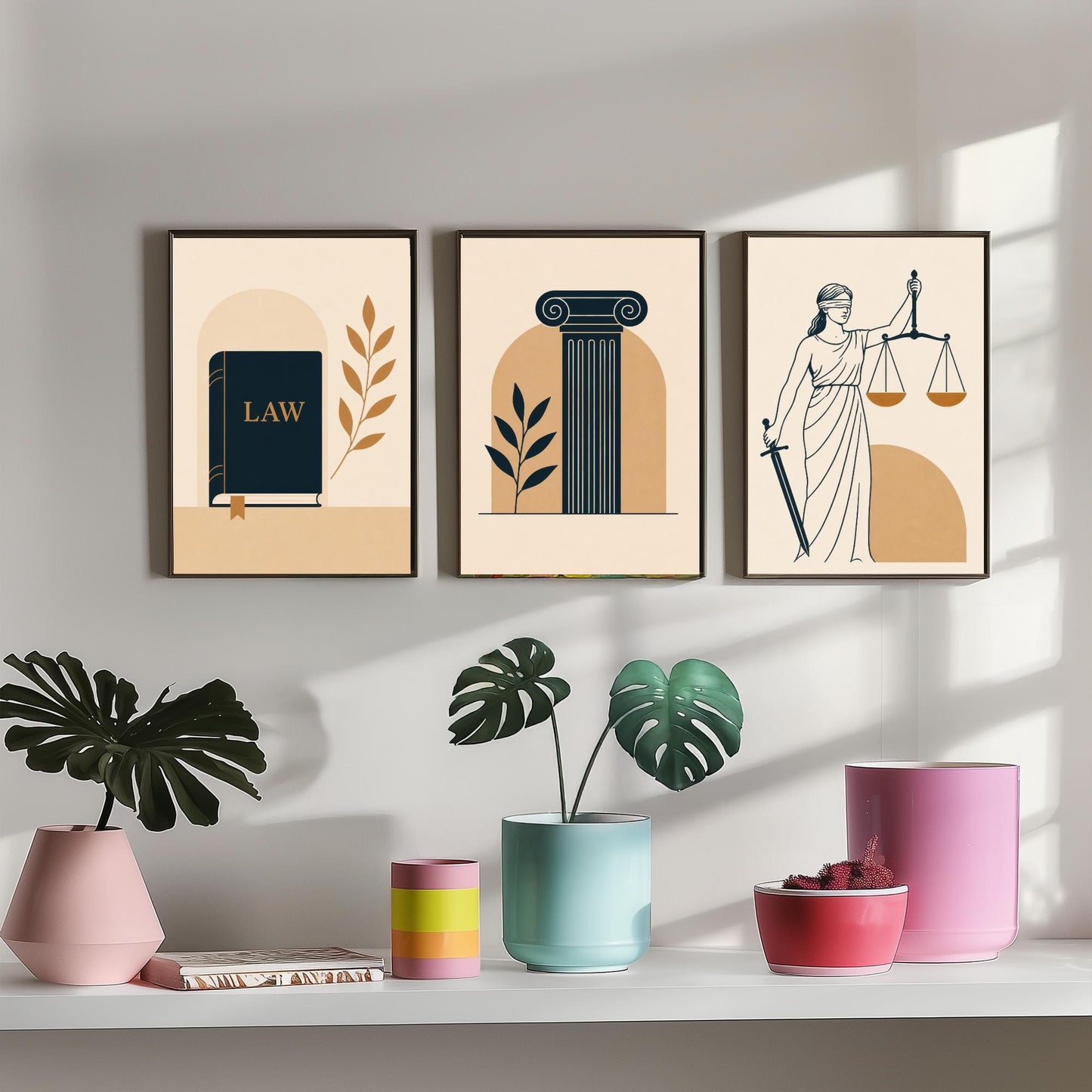 Law and Justice Set of Three Art Prints - 3 Minimalist Posters - Law Book, Pillar, Lady Justice Illustration - Lawyer Gift V2