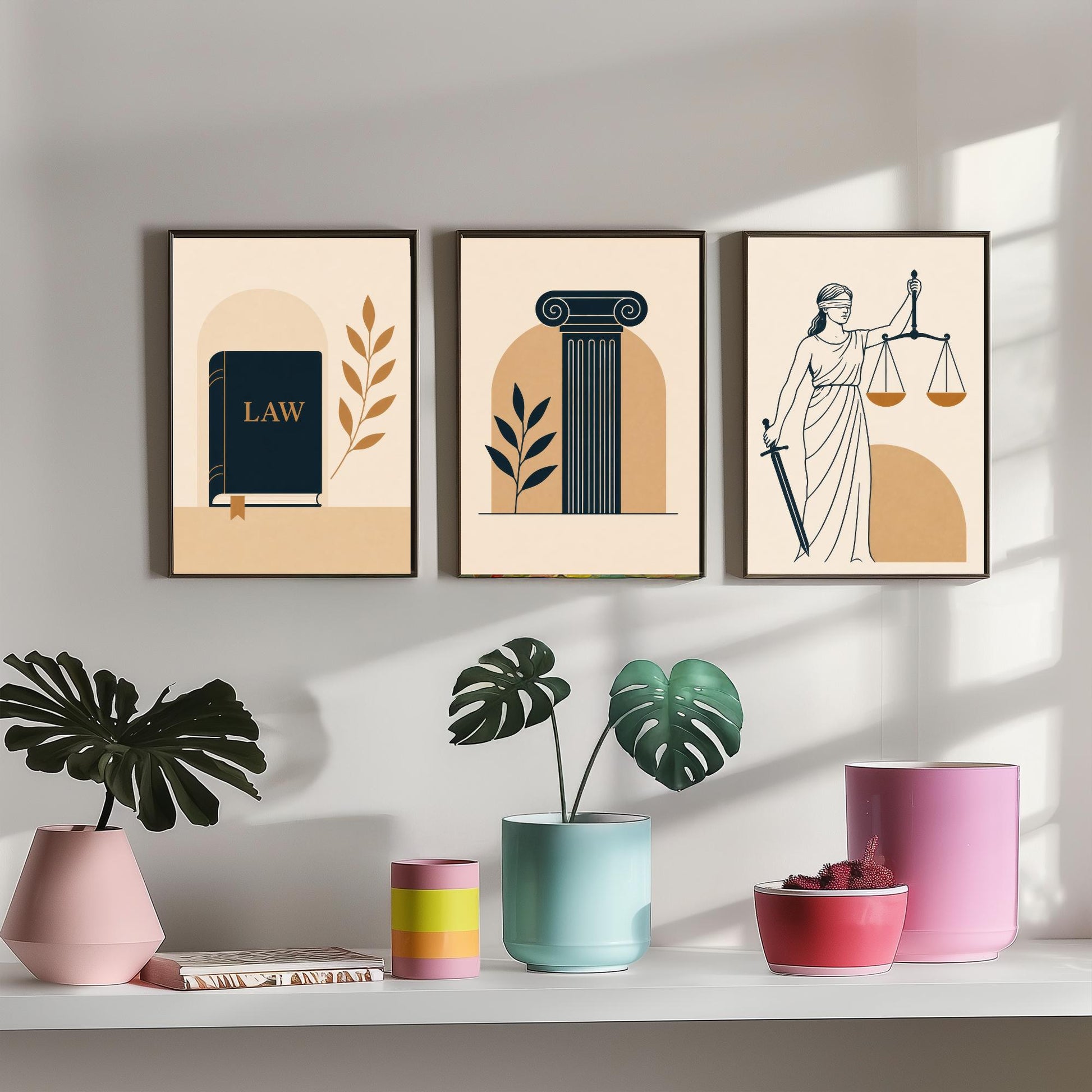 Law and Justice Set of Three Art Prints - 3 Minimalist Posters - Law Book, Pillar, Lady Justice Illustration - Lawyer Gift V2