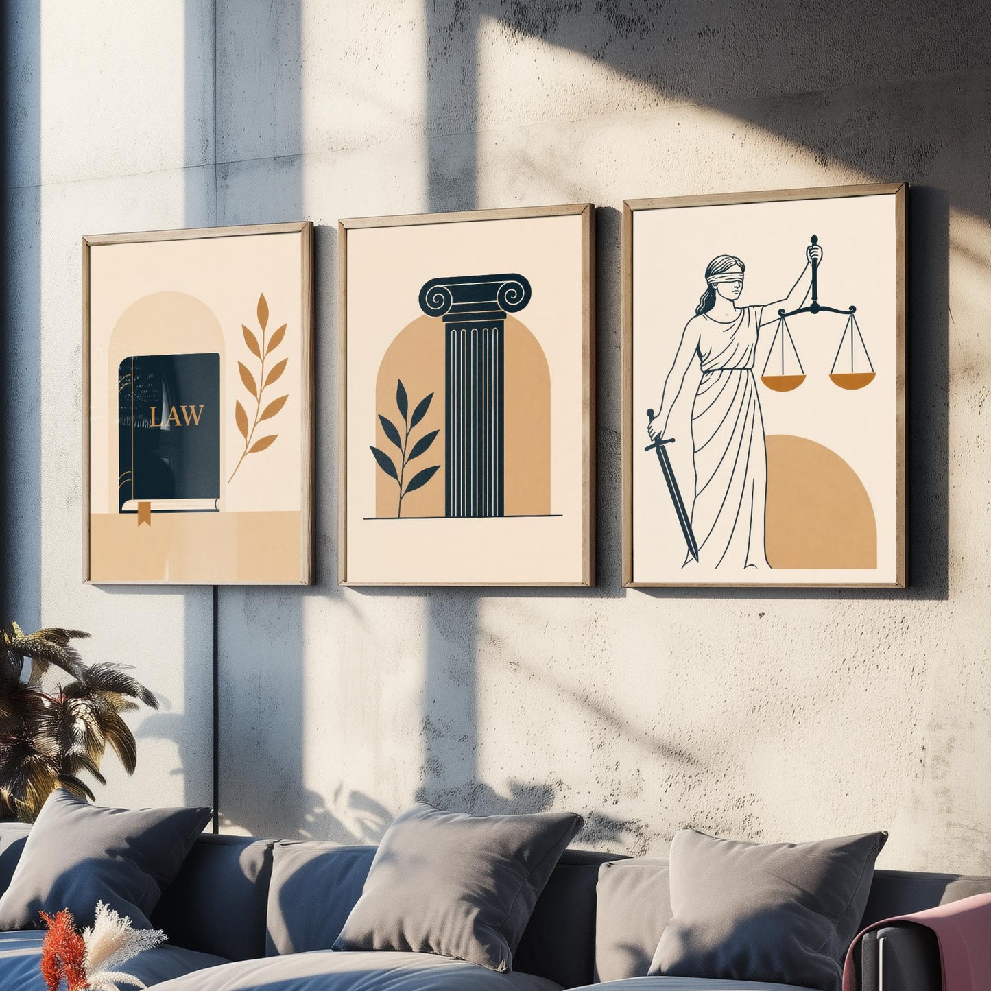 Law and Justice Set of Three Art Prints - 3 Minimalist Posters - Law Book, Pillar, Lady Justice Illustration - Lawyer Gift V2