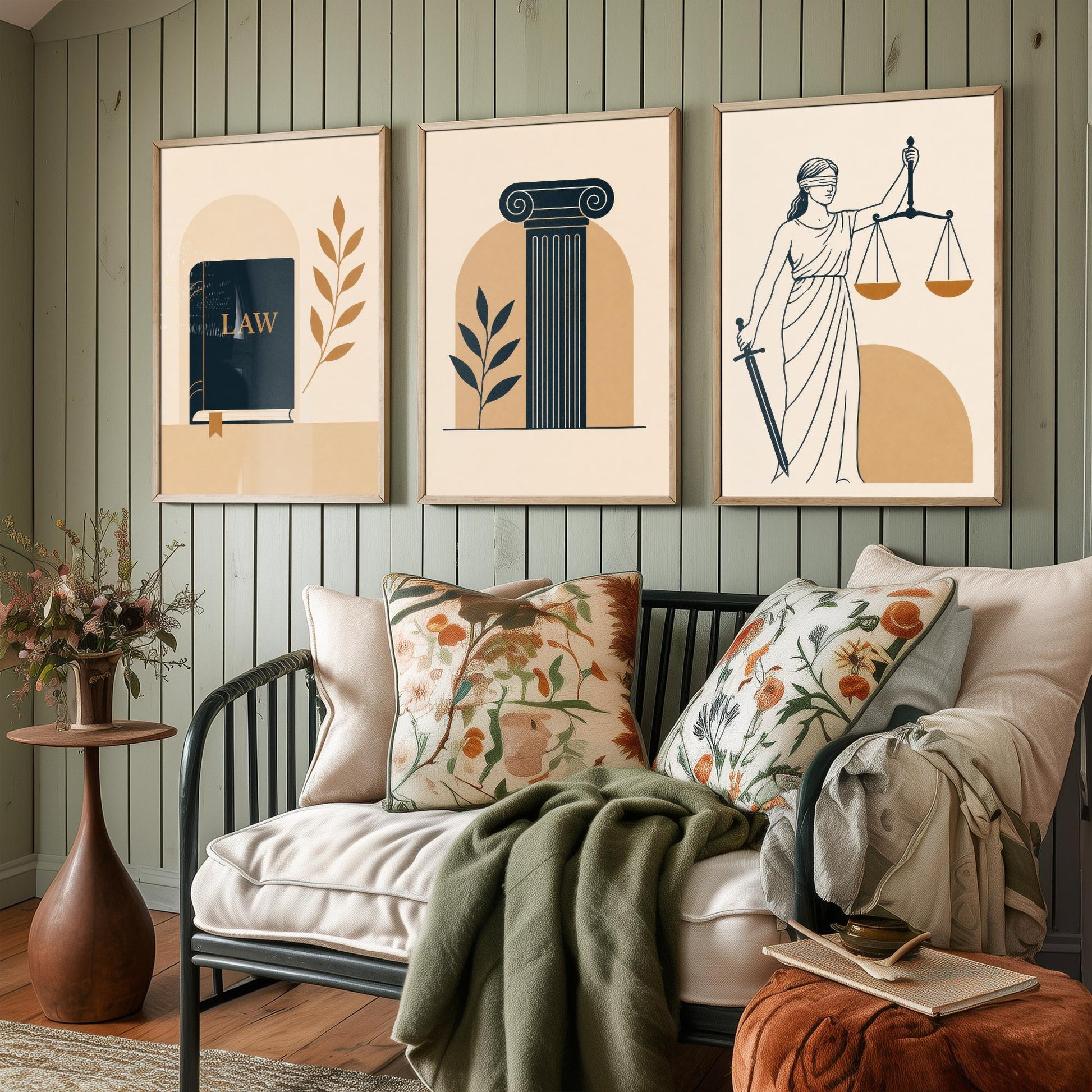 Law and Justice Set of Three Art Prints - 3 Minimalist Posters - Law Book, Pillar, Lady Justice Illustration - Lawyer Gift V2