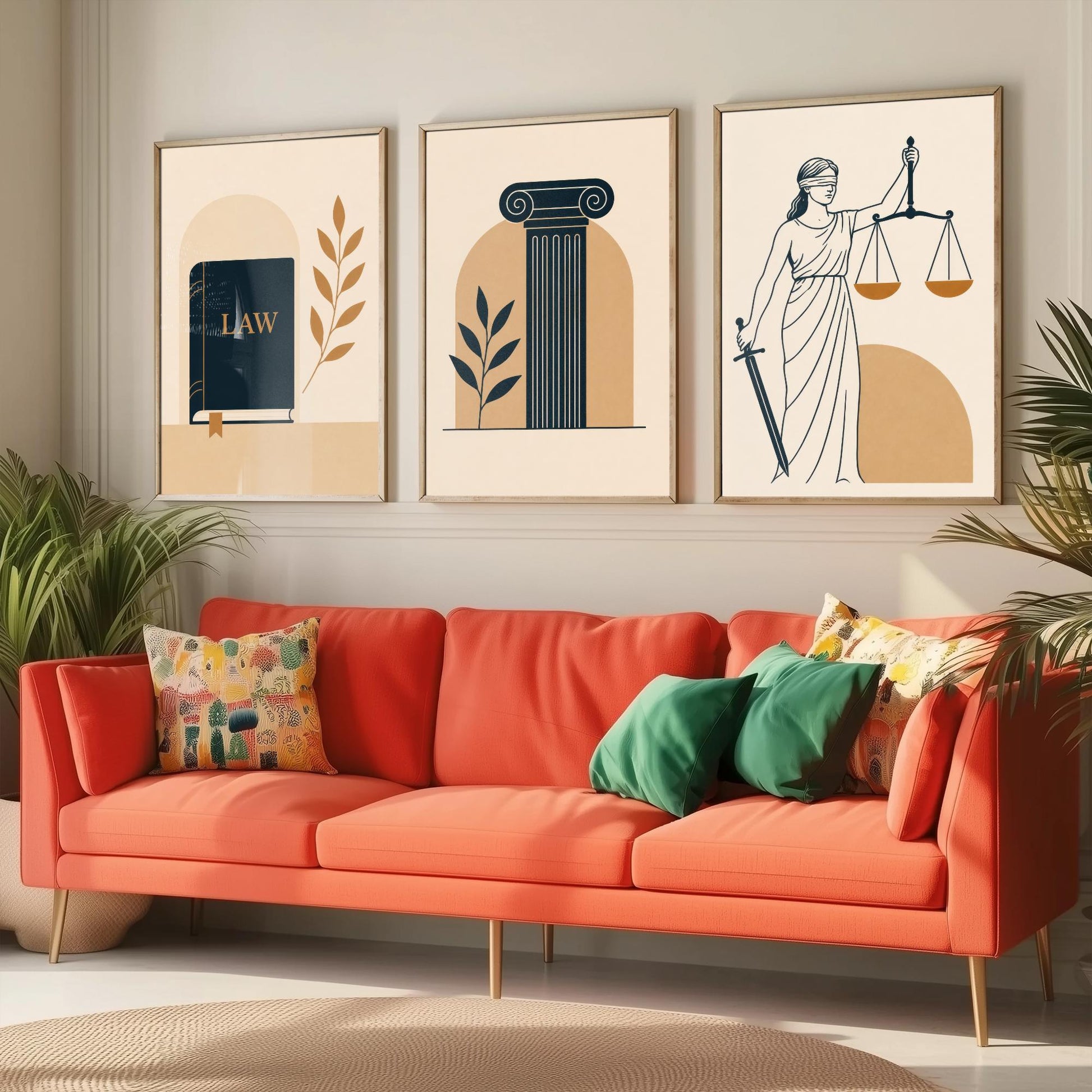 Law and Justice Set of Three Art Prints - 3 Minimalist Posters - Law Book, Pillar, Lady Justice Illustration - Lawyer Gift V2