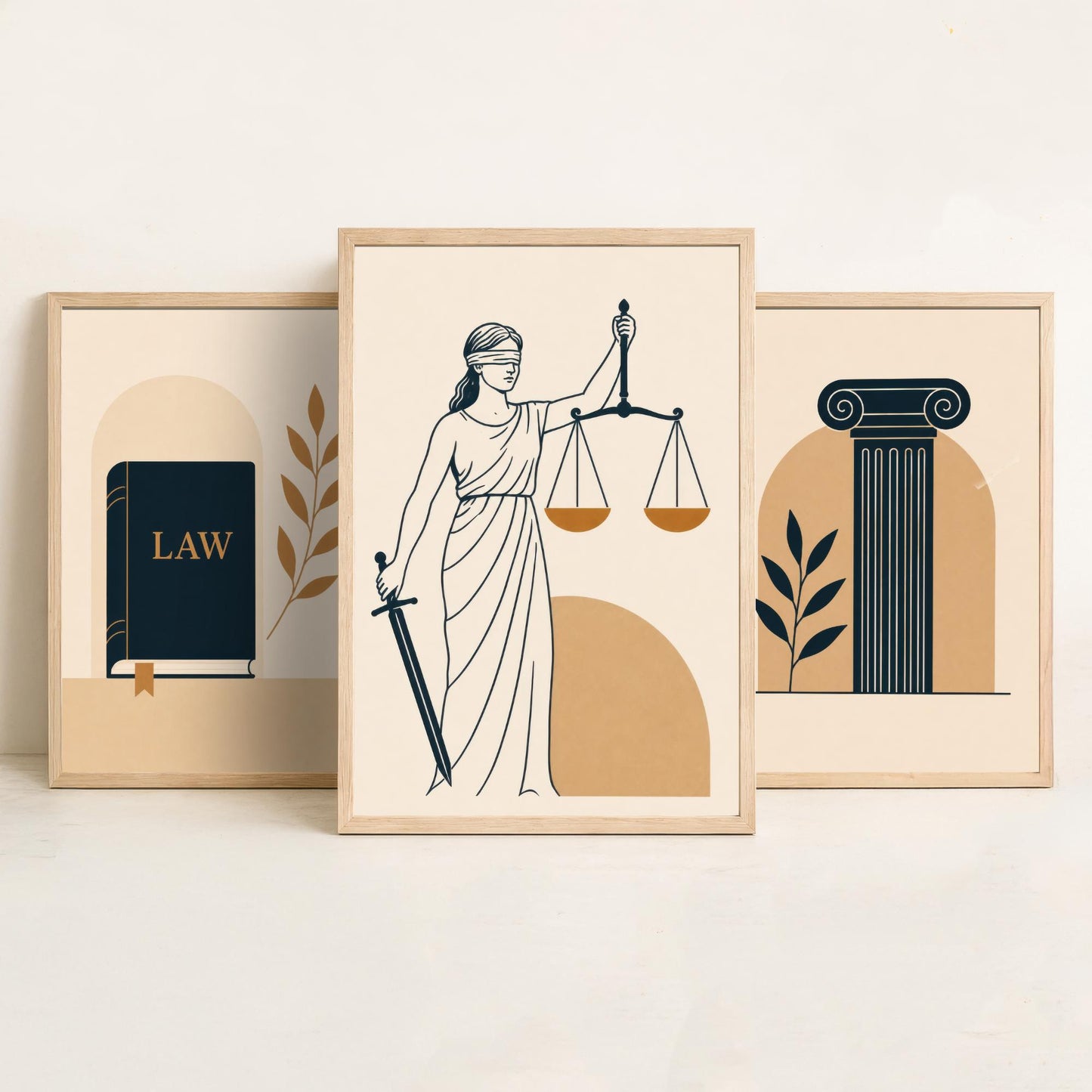Law and Justice Set of Three Art Prints - 3 Minimalist Posters - Law Book, Pillar, Lady Justice Illustration - Lawyer Gift V2