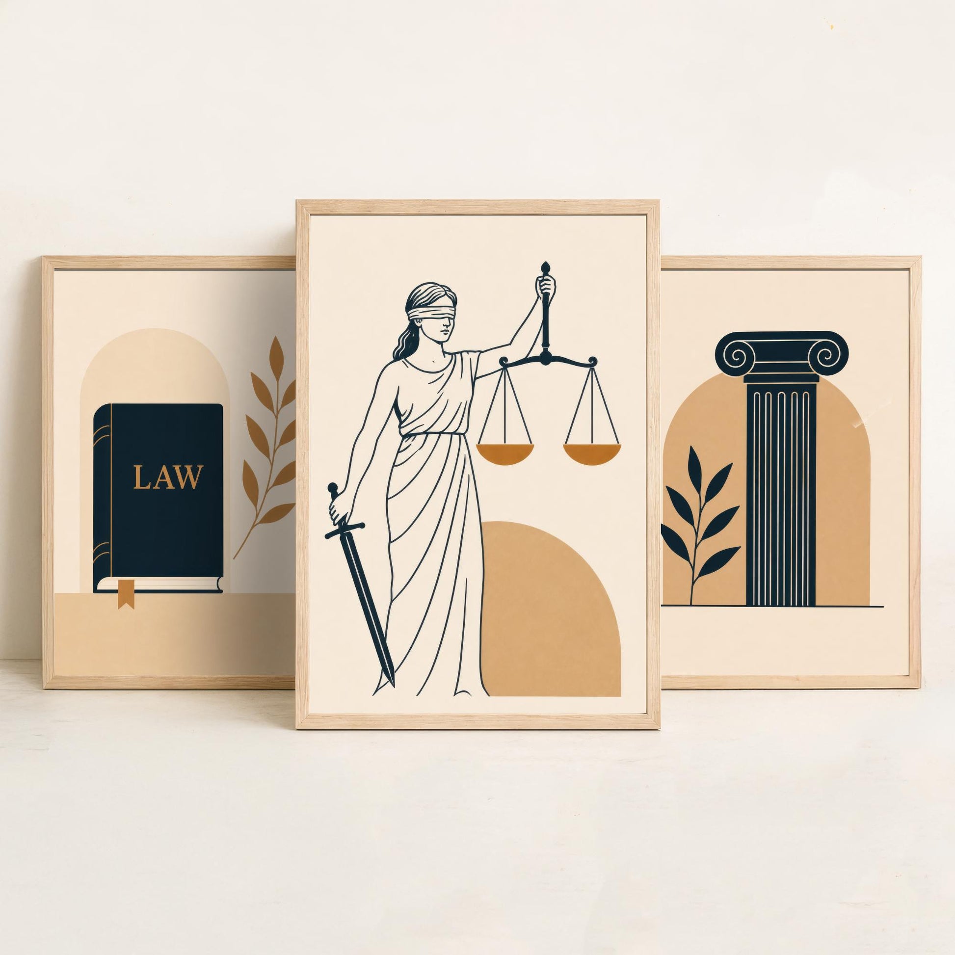 Law and Justice Set of Three Art Prints - 3 Minimalist Posters - Law Book, Pillar, Lady Justice Illustration - Lawyer Gift V2