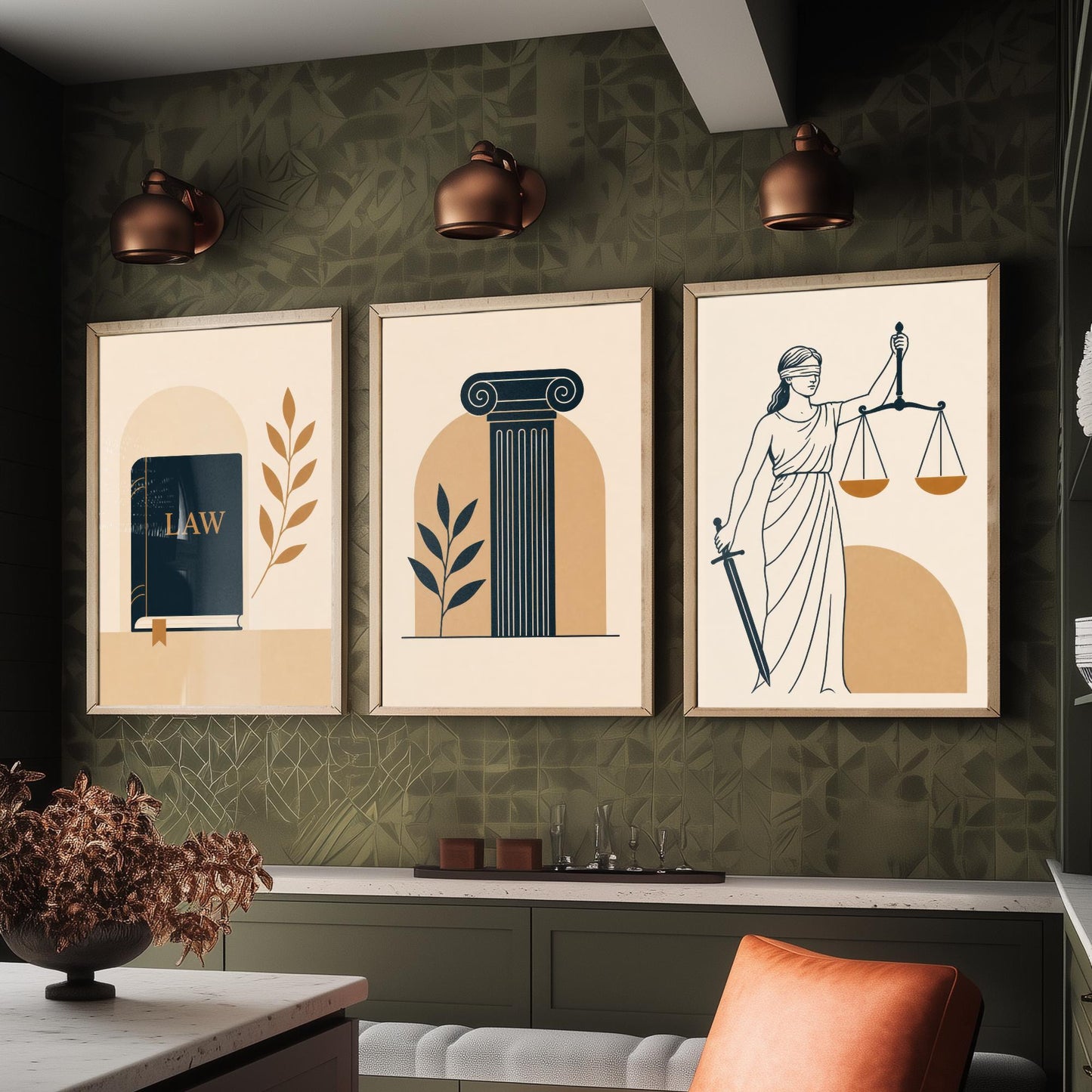 Law and Justice Set of Three Art Prints - 3 Minimalist Posters - Law Book, Pillar, Lady Justice Illustration - Lawyer Gift V2