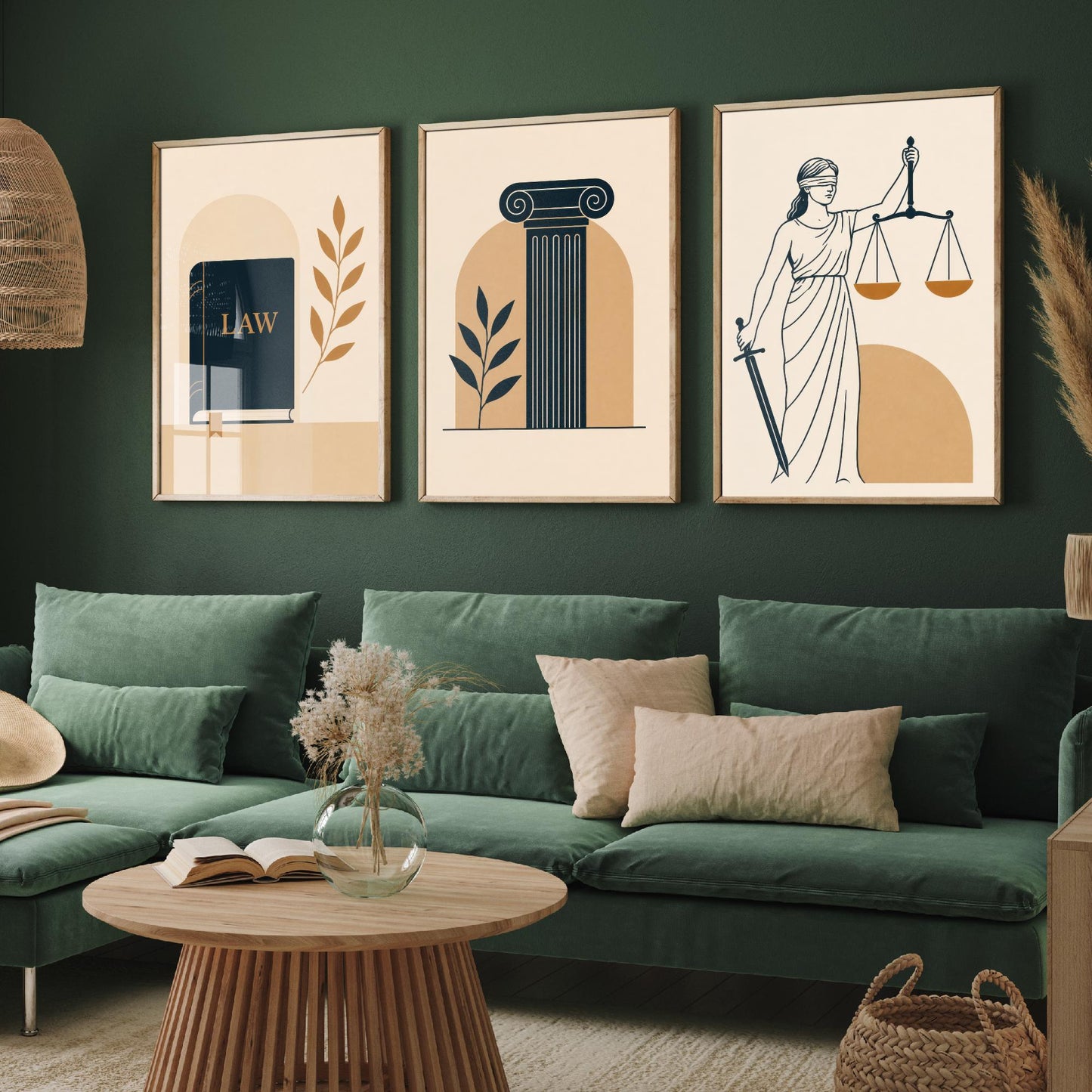 Law and Justice Set of Three Art Prints - 3 Minimalist Posters - Law Book, Pillar, Lady Justice Illustration - Lawyer Gift V2
