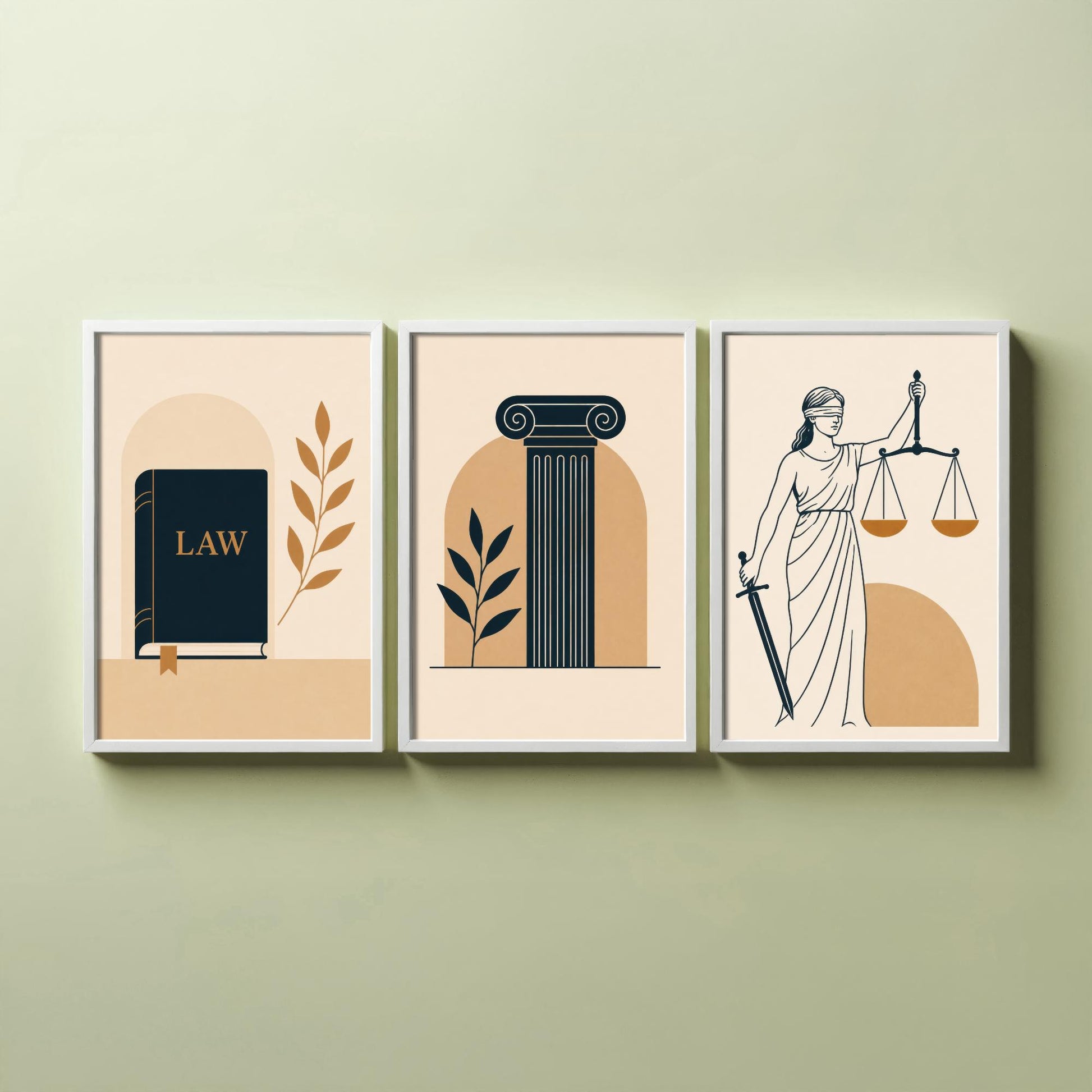 Law and Justice Set of Three Art Prints - 3 Minimalist Posters - Law Book, Pillar, Lady Justice Illustration - Lawyer Gift V2