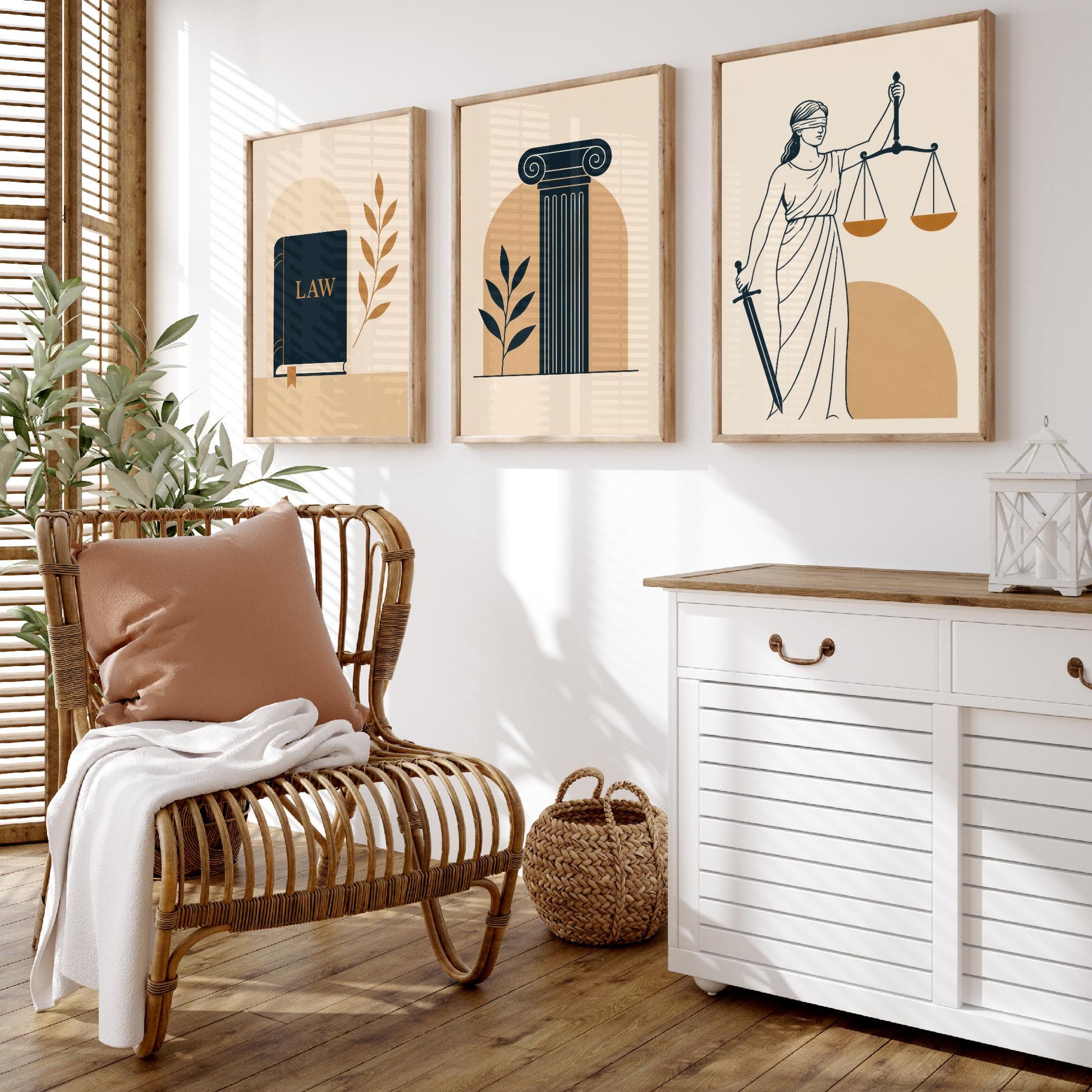 Law and Justice Set of Three Art Prints - 3 Minimalist Posters - Law Book, Pillar, Lady Justice Illustration - Lawyer Gift V2