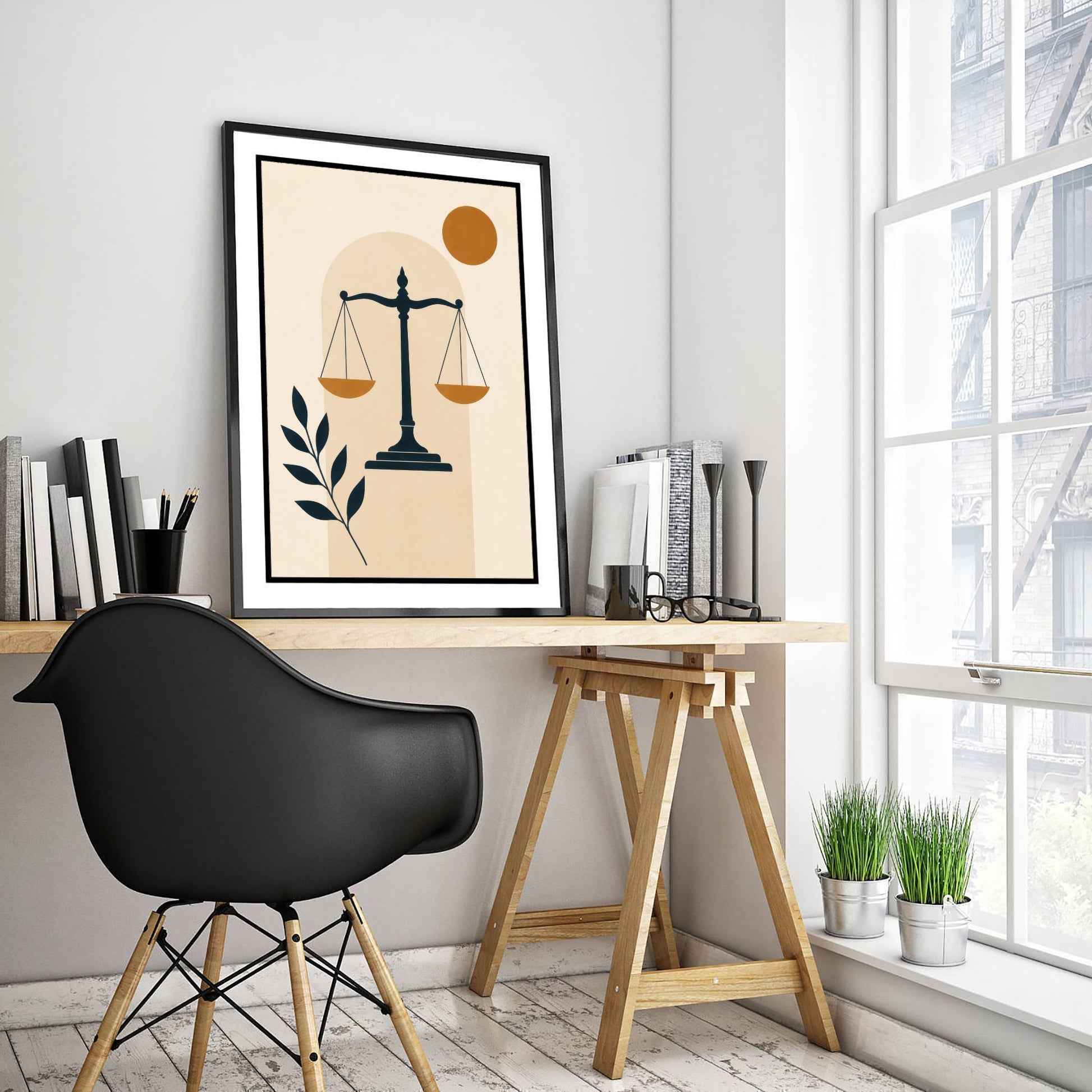 Scales of Justice Art Print - Minimalist Law and Justice Poster - Navy Illustration - Lawyer Office Decor V1 1/3