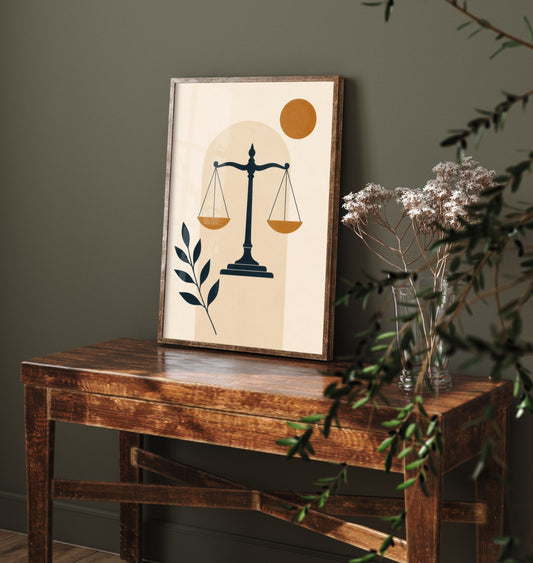 Scales of Justice Art Print - Minimalist Law and Justice Poster - Navy Illustration - Lawyer Office Decor V1 1/3