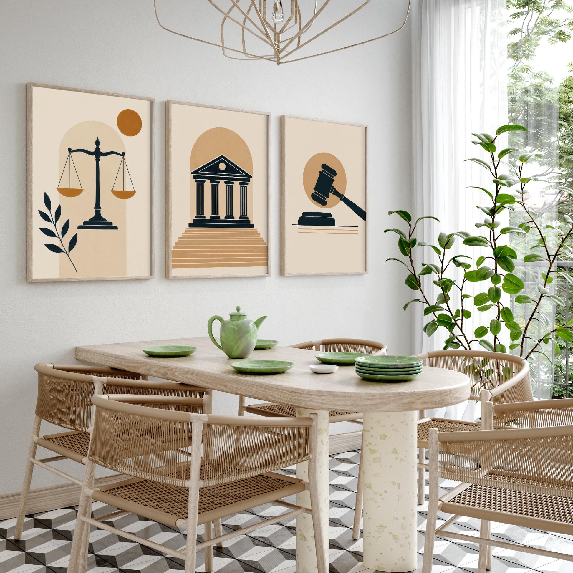 Law and Justice Set of Three Art Prints - 3 Minimalist Posters - Scales, Courthouse, Gavel Illustration - Lawyer Gift V1