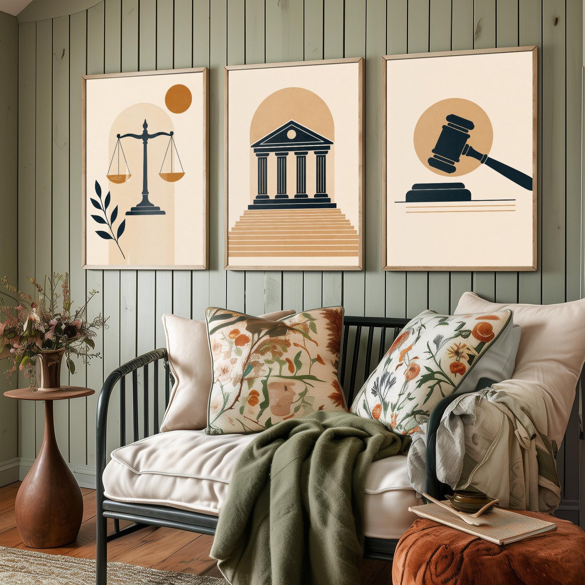 Law and Justice Set of Three Art Prints - 3 Minimalist Posters - Scales, Courthouse, Gavel Illustration - Lawyer Gift V1