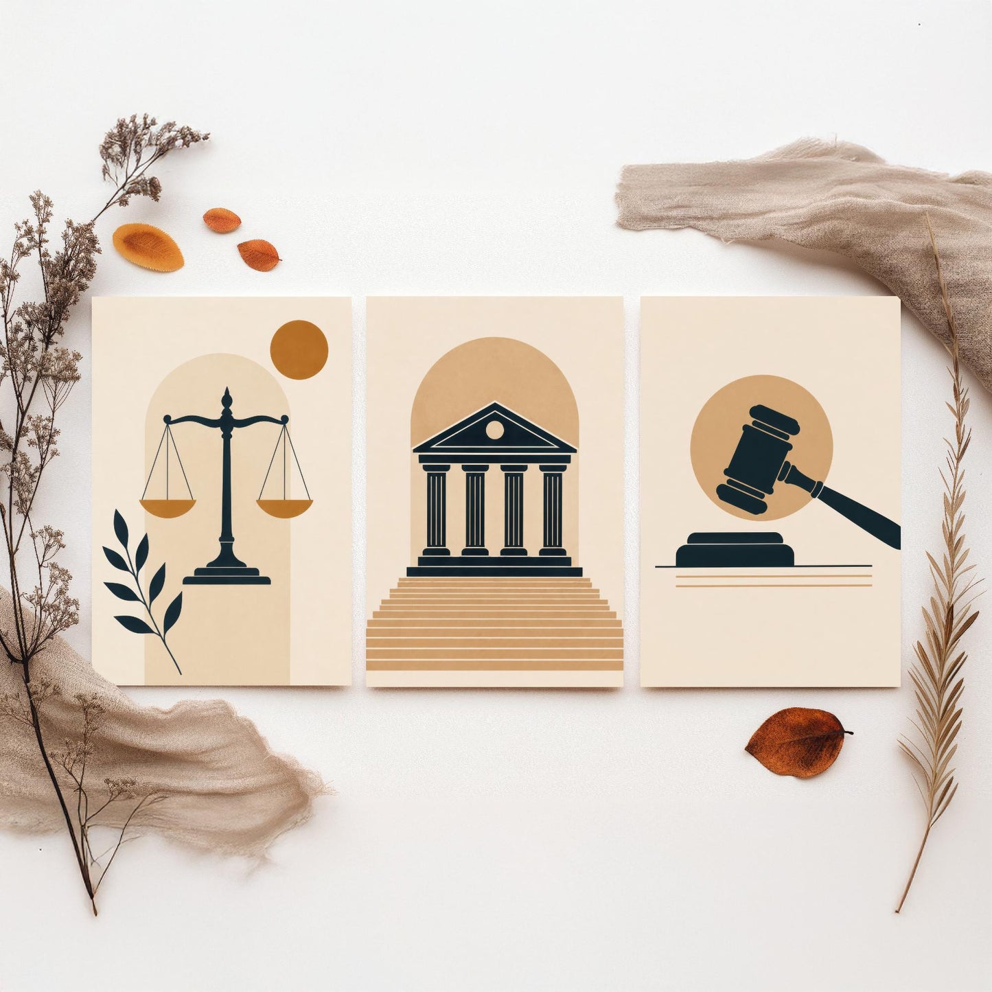 Law and Justice Set of Three Art Prints - 3 Minimalist Posters - Scales, Courthouse, Gavel Illustration - Lawyer Gift V1
