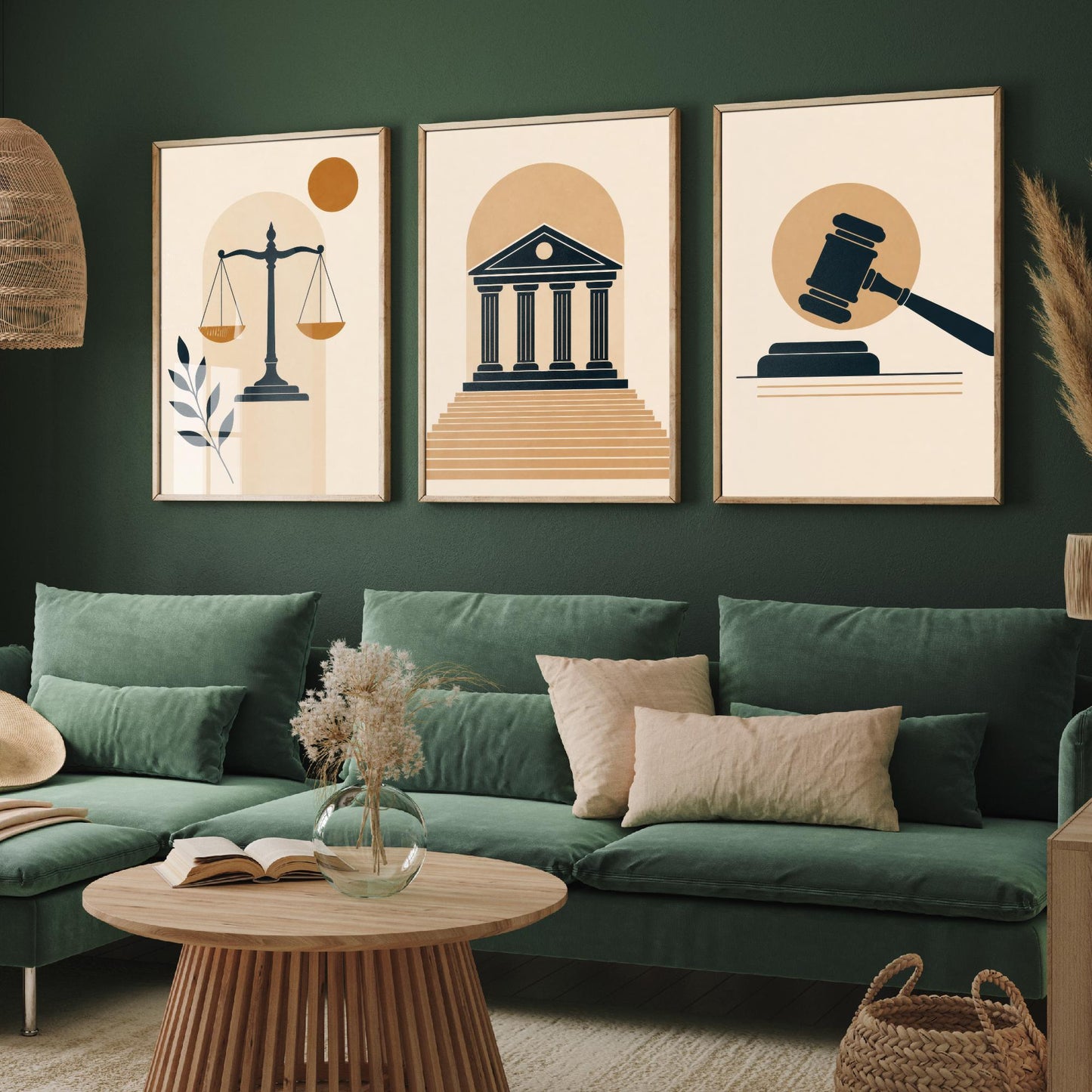 Law and Justice Set of Three Art Prints - 3 Minimalist Posters - Scales, Courthouse, Gavel Illustration - Lawyer Gift V1