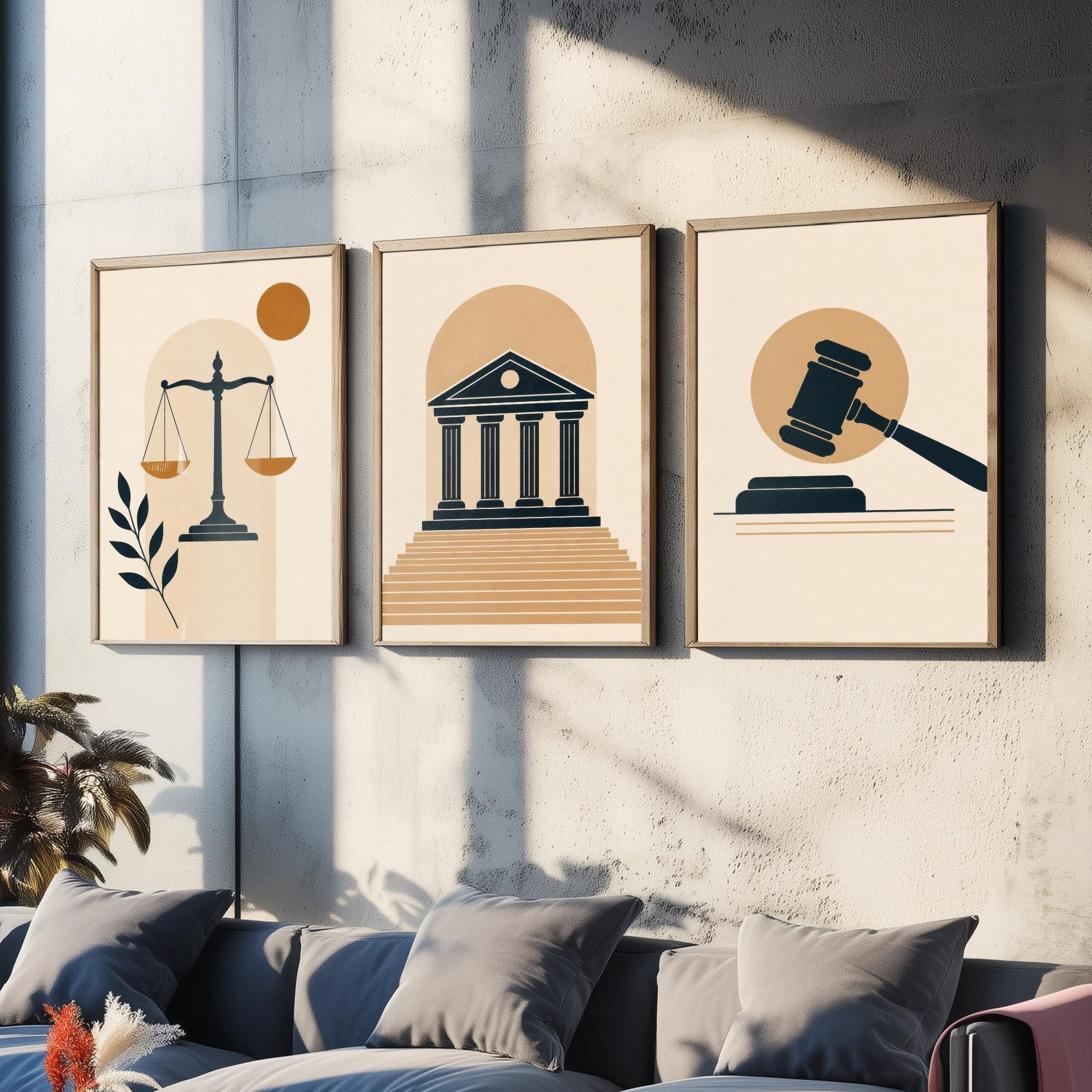 Law and Justice Set of Three Art Prints - 3 Minimalist Posters - Scales, Courthouse, Gavel Illustration - Lawyer Gift V1