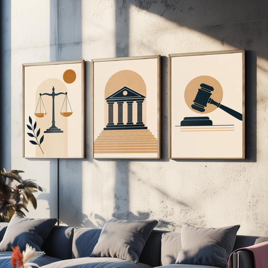 Law and Justice Set of Three Art Prints - 3 Minimalist Posters - Scales, Courthouse, Gavel Illustration - Lawyer Gift V1