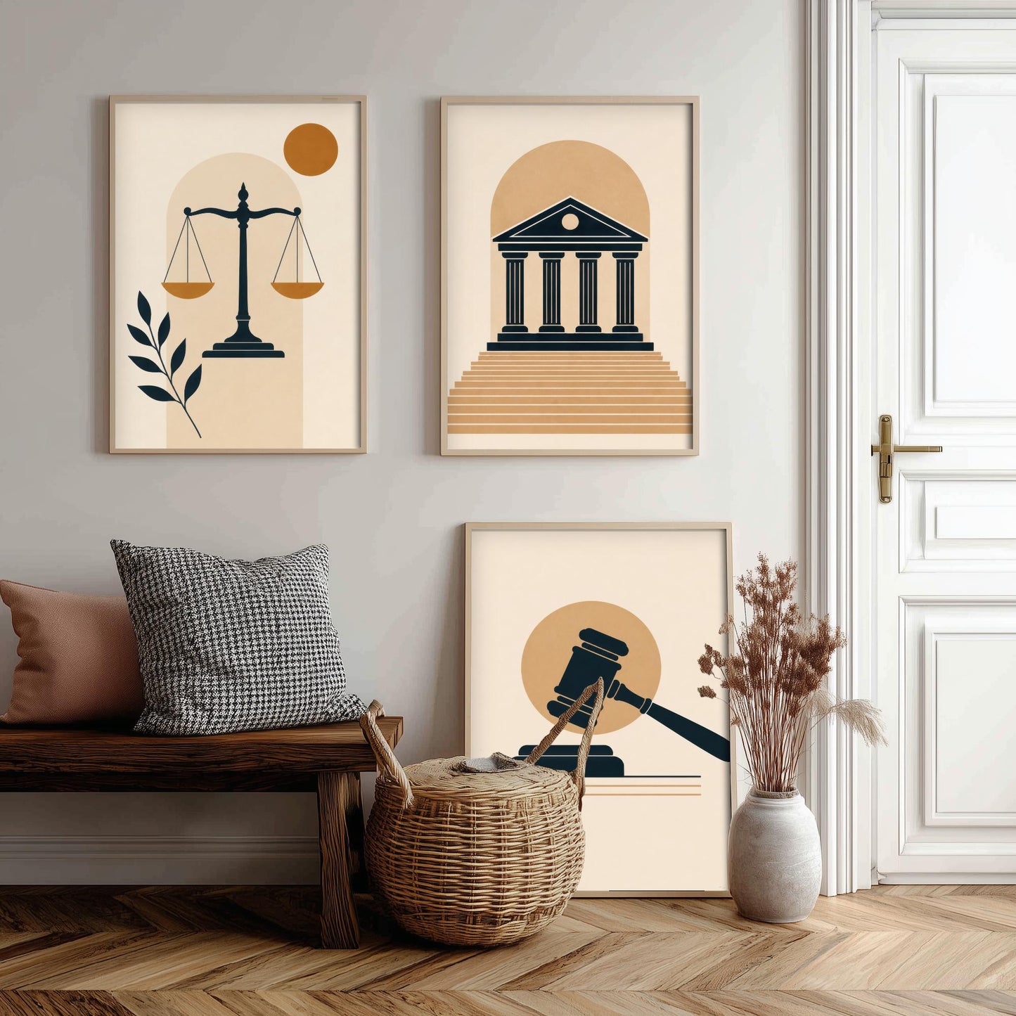 Law and Justice Set of Three Art Prints - 3 Minimalist Posters - Scales, Courthouse, Gavel Illustration - Lawyer Gift V1
