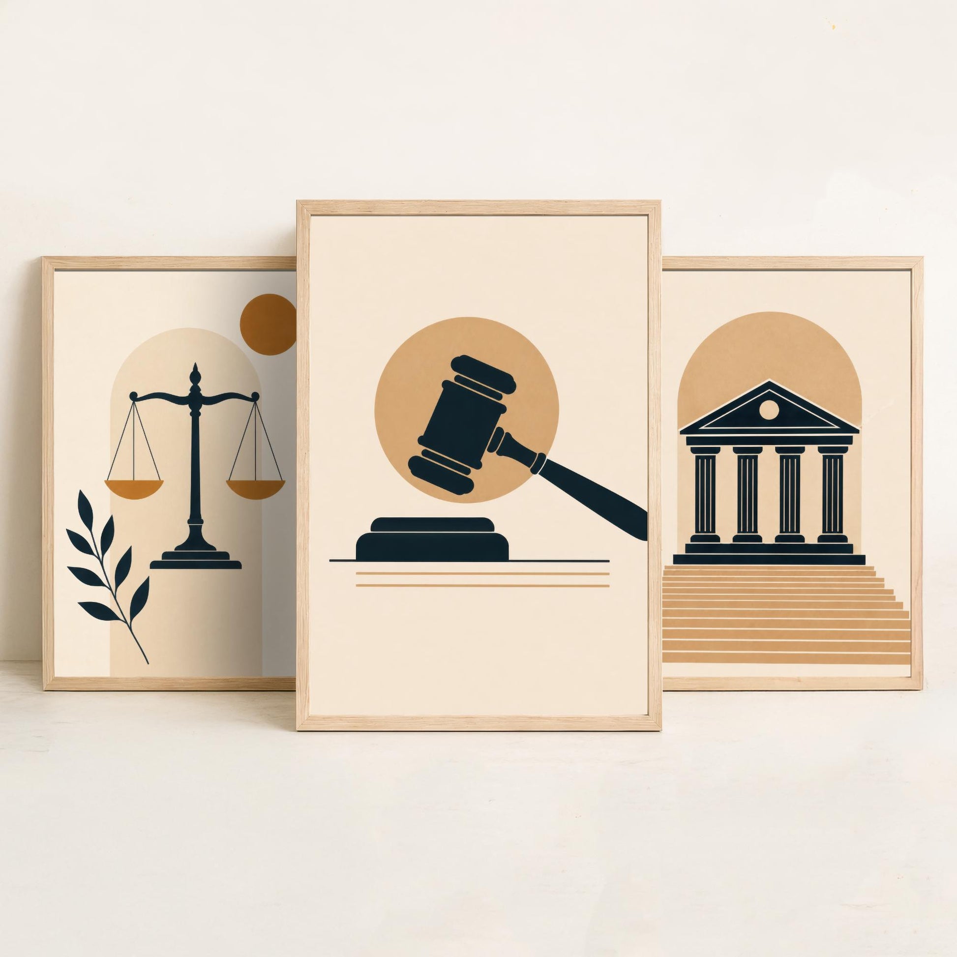 Law and Justice Set of Three Art Prints - 3 Minimalist Posters - Scales, Courthouse, Gavel Illustration - Lawyer Gift V1
