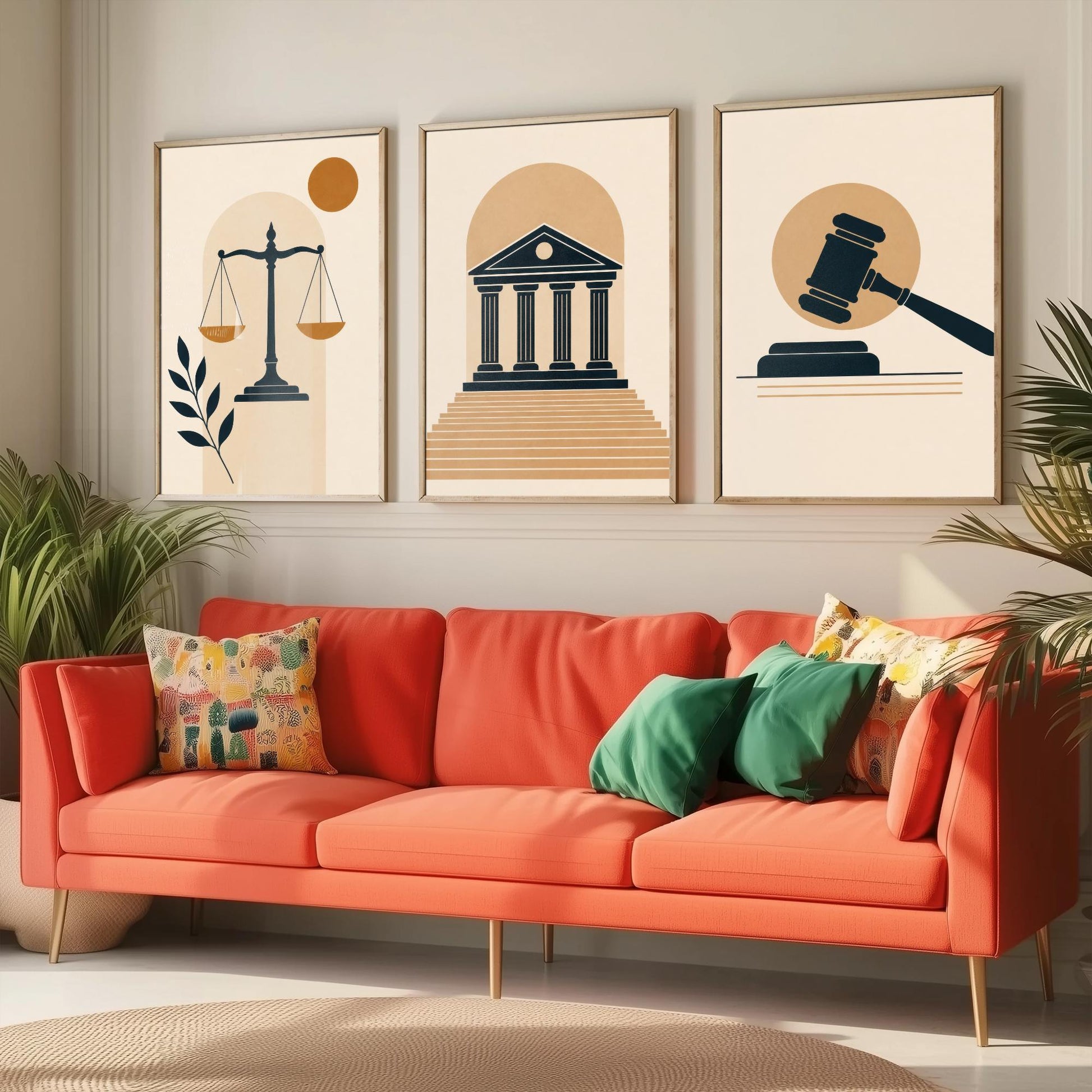 Law and Justice Set of Three Art Prints - 3 Minimalist Posters - Scales, Courthouse, Gavel Illustration - Lawyer Gift V1