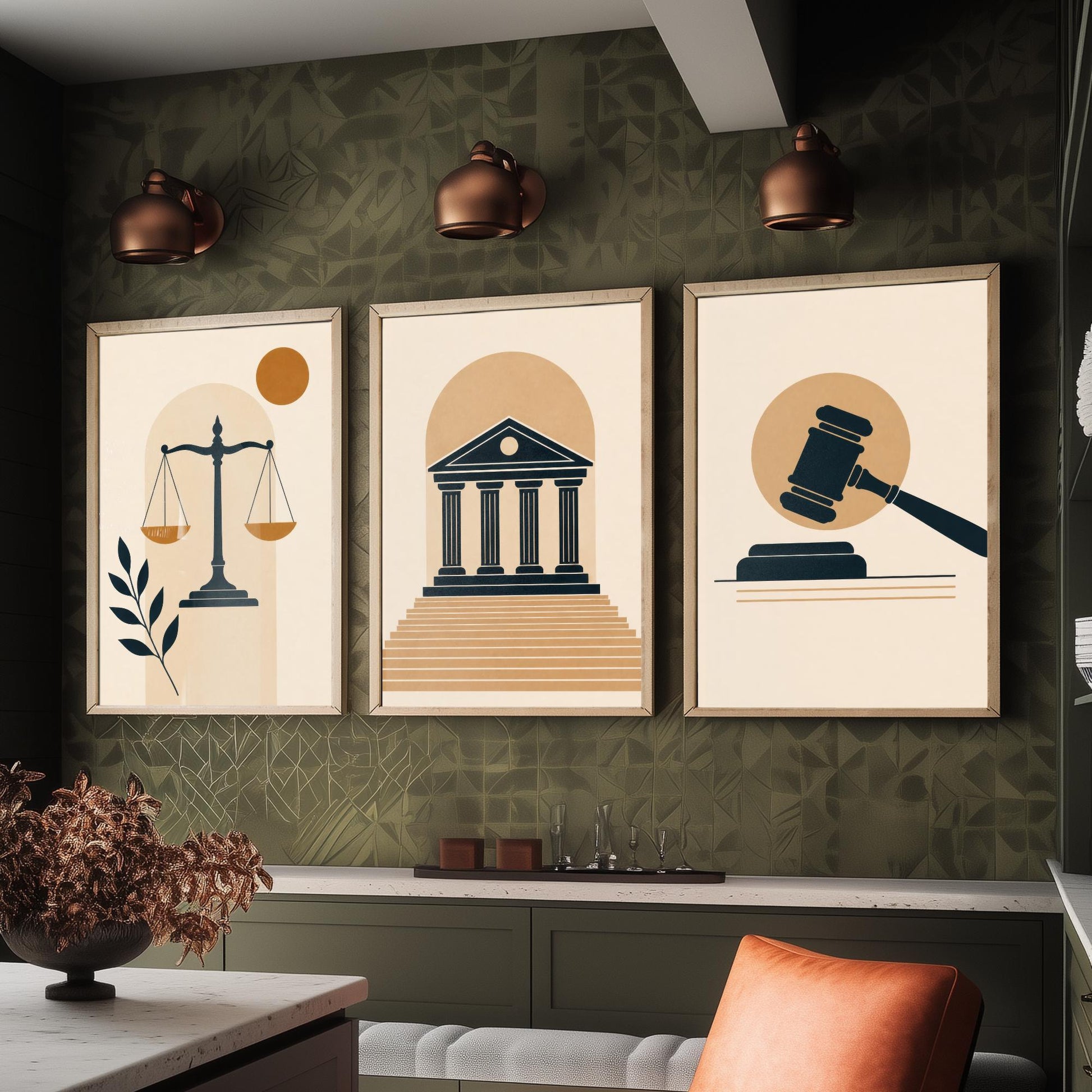 Law and Justice Set of Three Art Prints - 3 Minimalist Posters - Scales, Courthouse, Gavel Illustration - Lawyer Gift V1
