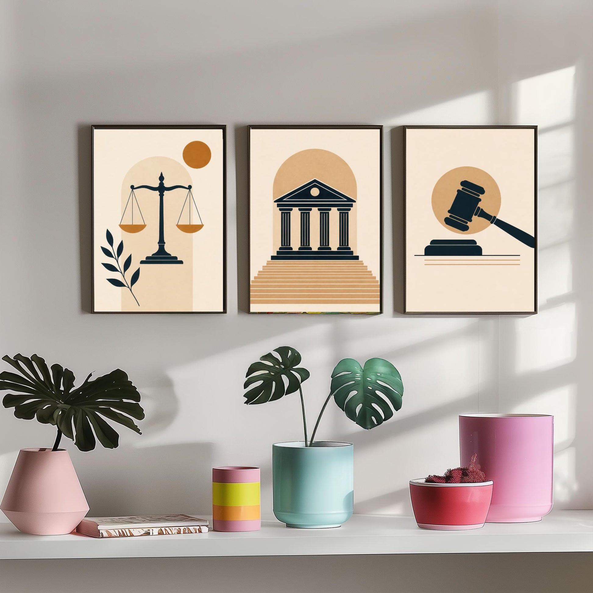 Law and Justice Set of Three Art Prints - 3 Minimalist Posters - Scales, Courthouse, Gavel Illustration - Lawyer Gift V1